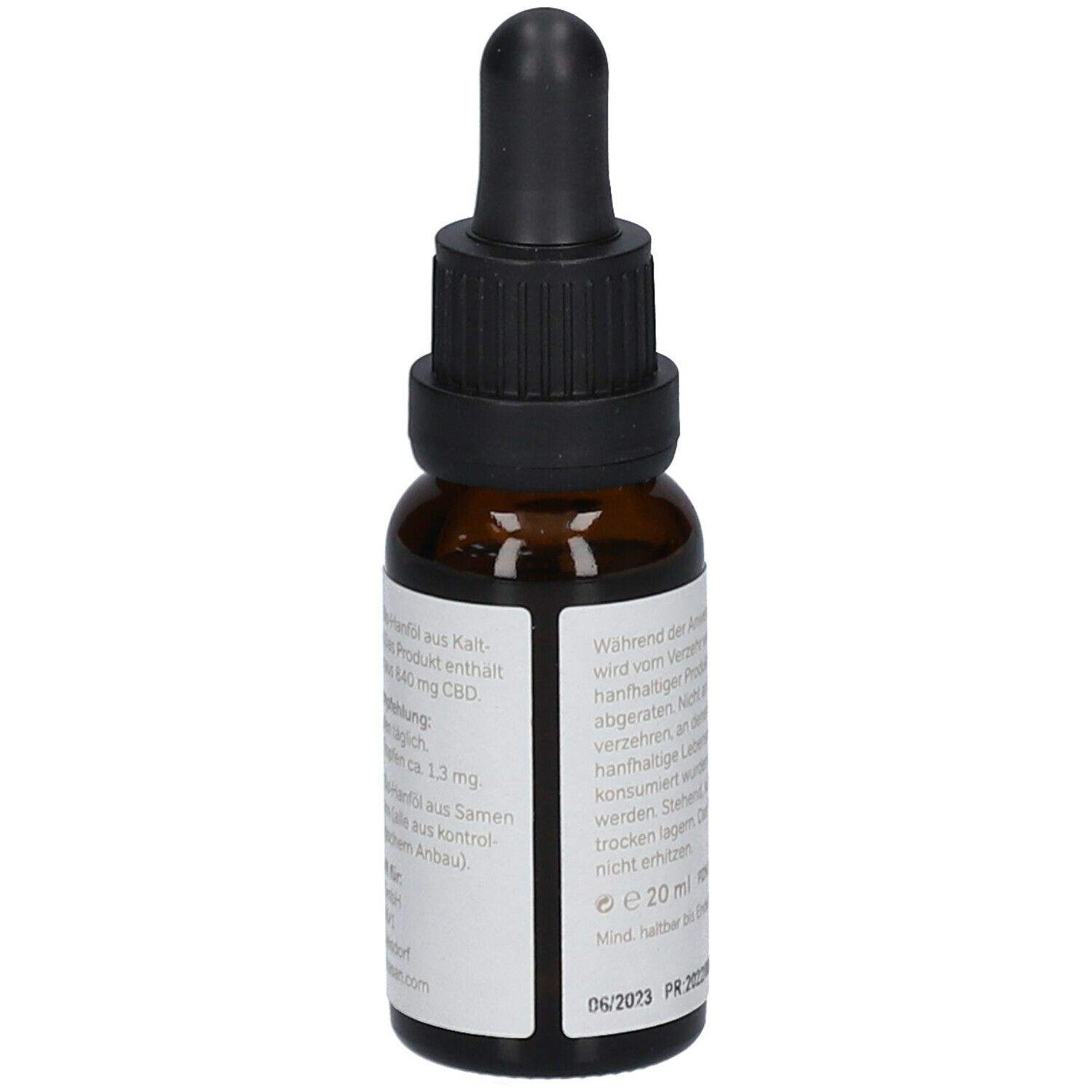 Braune Glasflasche mit Tropfer. Rückseite mit Text. Volumen: 20 ml. Mindesthaltbarkeit.