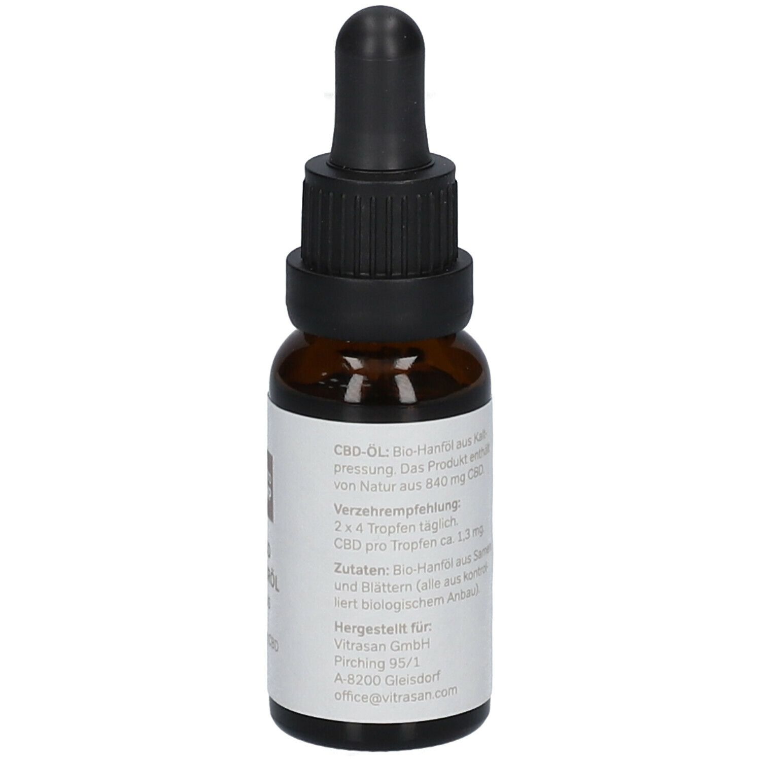 Braune Glasflasche mit Tropfer. Rückseite mit Text. Volumen: 20 ml. Herstellerinformationen.