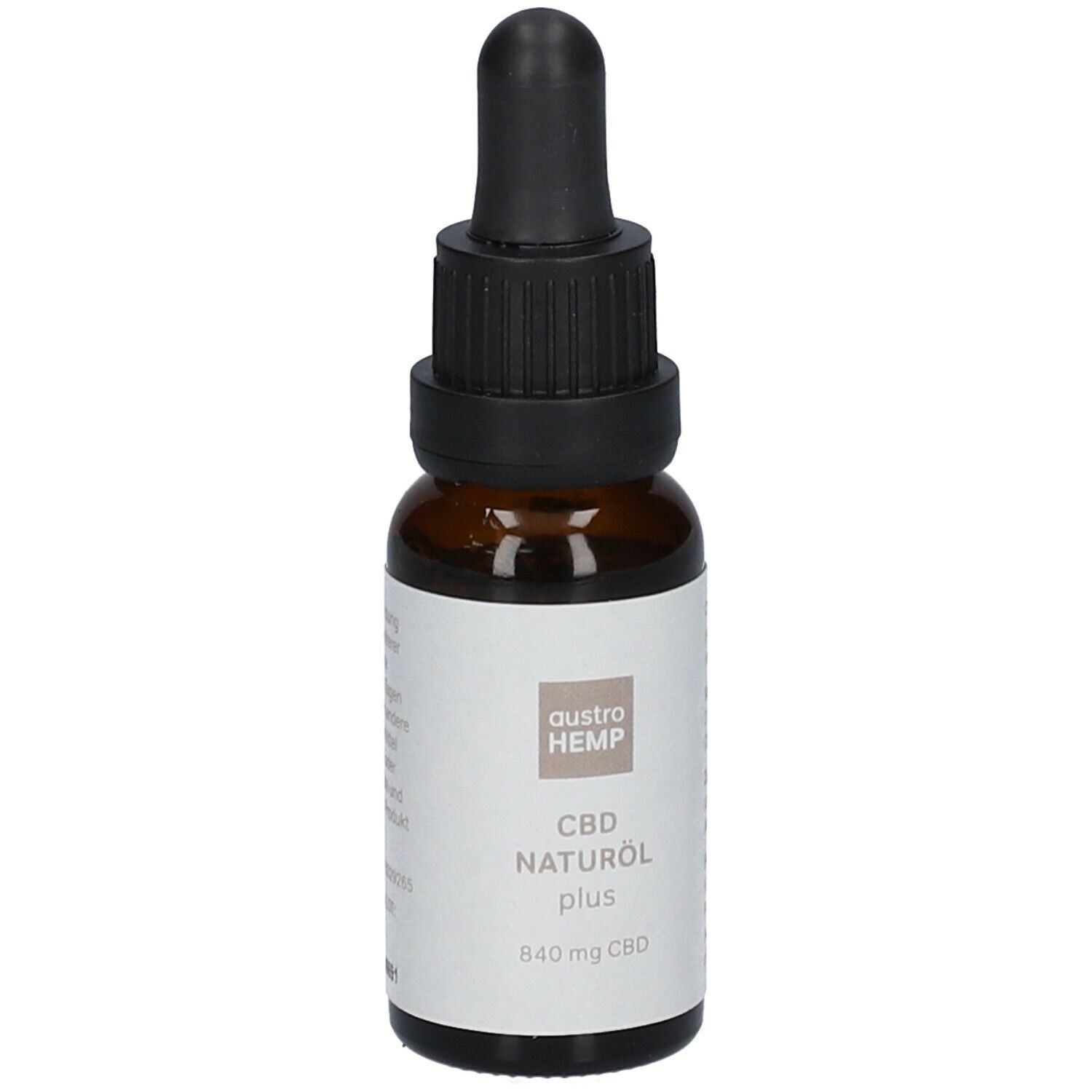 Braune Glasflasche mit Tropfer. Aufschrift: austroHEMP CBD Naturöl plus 840 mg CBD.