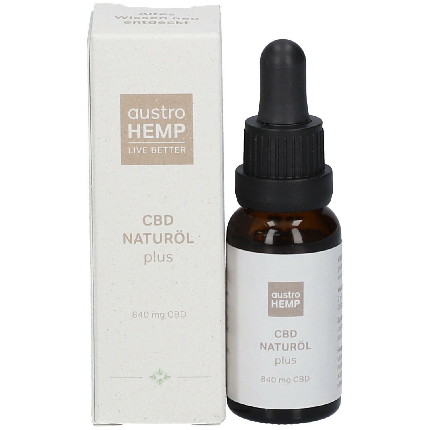 Braune Glasflasche mit Tropfer und Karton. Aufschrift: austroHEMP CBD Naturöl plus 840 mg CBD.
