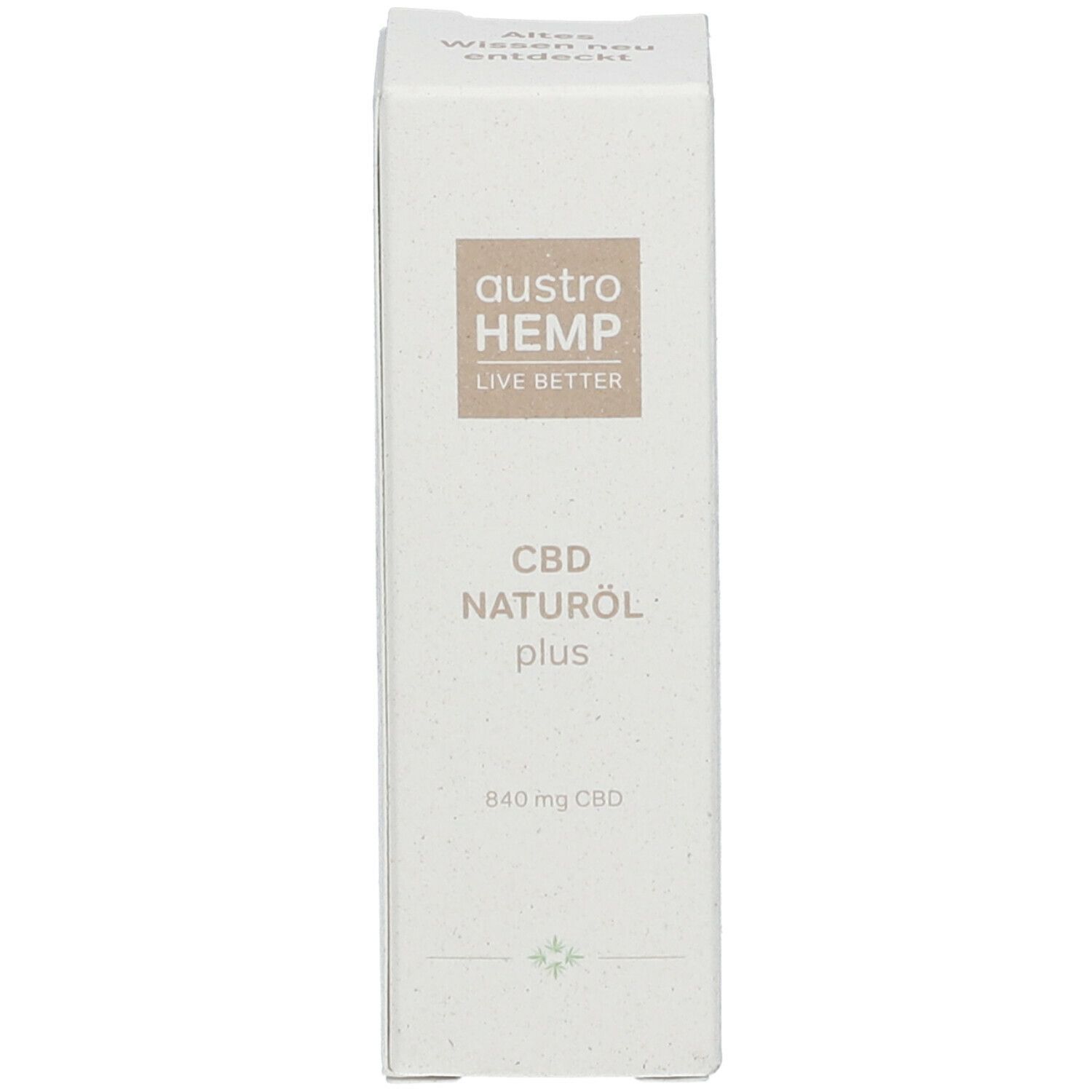 Karton mit Aufschrift: austroHEMP CBD Naturöl plus 840 mg CBD. Text: Altes wieder neu entdeckt.