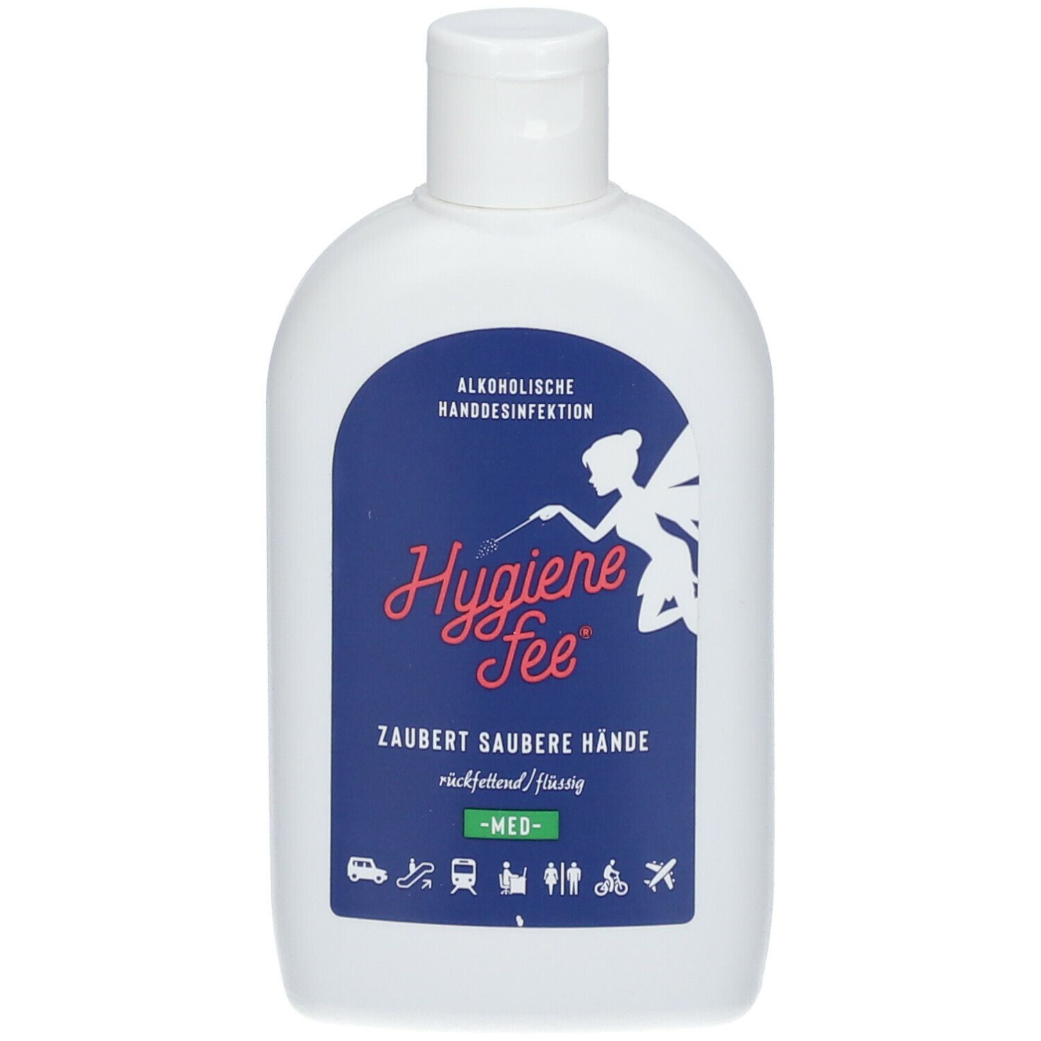 Weiße Flasche mit blauem Etikett. Aufschrift: Hygienefee, alkoholische Händedesinfektion. Text: Zaubert saubere Hände. -MED-