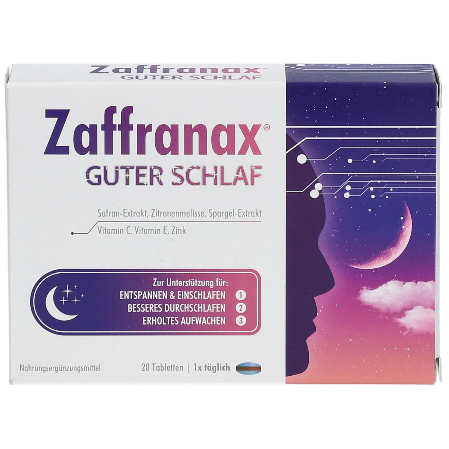 Zaffranax Guter Schlaf Schachtel. Enthält 20 Tabletten. Aufschrift: Safran-Extrakt, Zitronenmelisse, Spargel-Extrakt, Vitamin C, E, Zink.