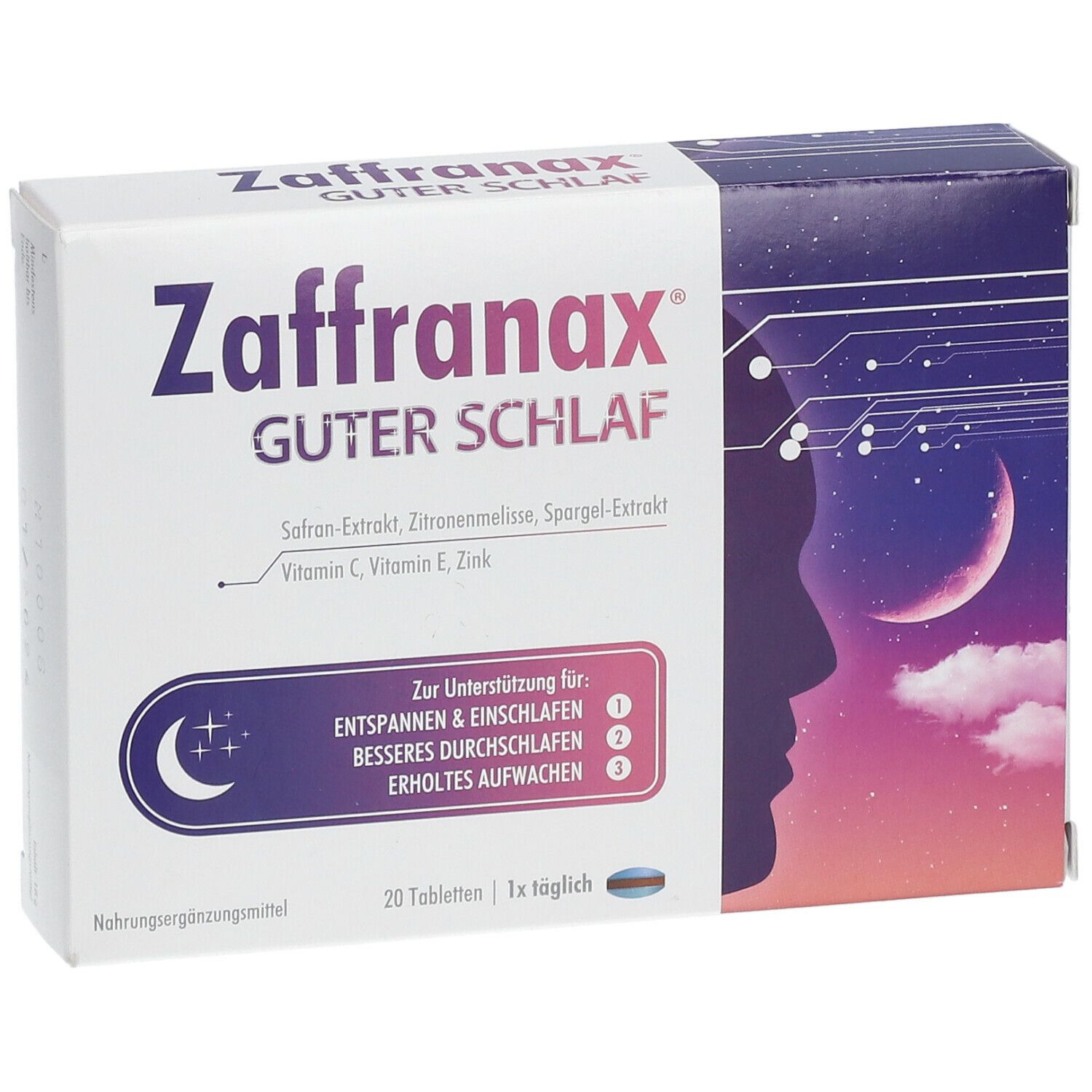 Zaffranax Guter Schlaf Schachtel. Enthält 20 Tabletten. Aufschrift: Safran-Extrakt, Zitronenmelisse, Spargel-Extrakt, Vitamin C, E, Zink.