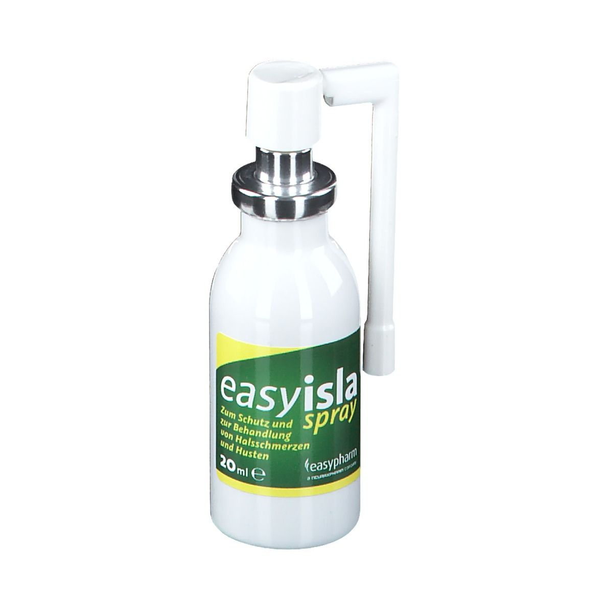 Weißes Fläschchen mit Sprühkopf. Grün-gelbes Etikett mit Text. Produktname: easyisla spray. 20 ml.