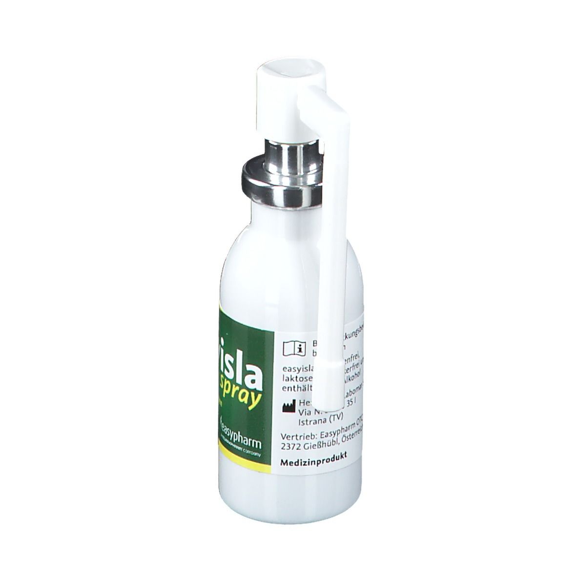 Weißes Fläschchen mit Sprühkopf. Grün-gelbes Etikett mit Text. Produktname: easyisla spray. 20 ml.