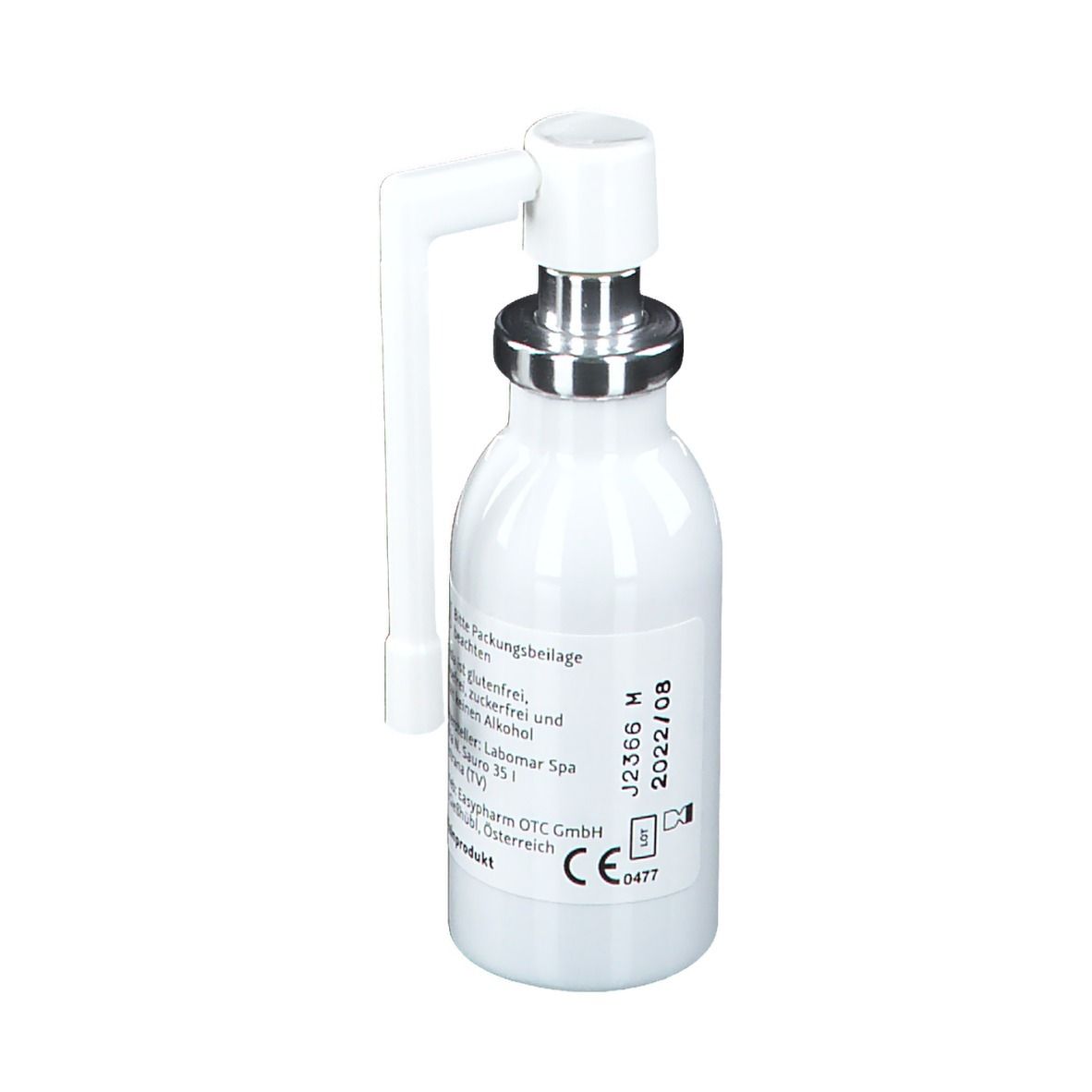 Weißes Fläschchen mit Sprühkopf. Rückseite mit Text und CE-Kennzeichnung. Produktname: easyisla spray.