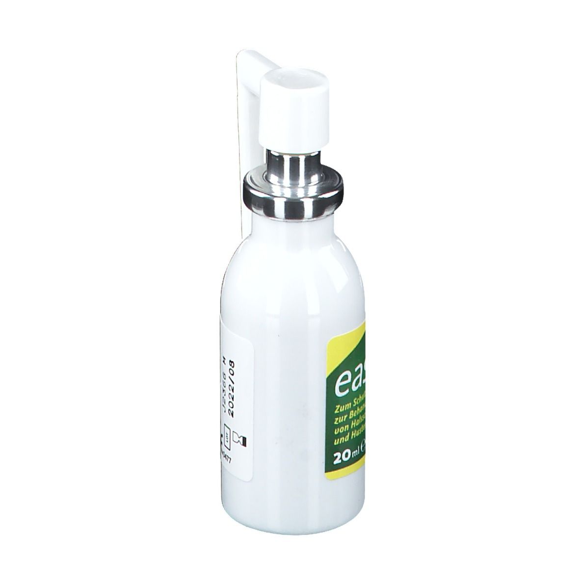 Weißes Fläschchen mit Sprühkopf. Grün-gelbes Etikett mit Text. Produktname: easyisla spray. 20 ml.