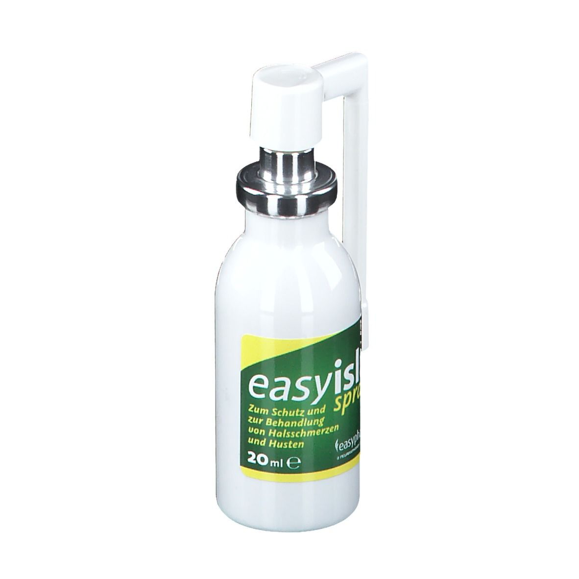 Weißes Fläschchen mit Sprühkopf. Grün-gelbes Etikett mit Text. Produktname: easyisla spray. 20 ml.