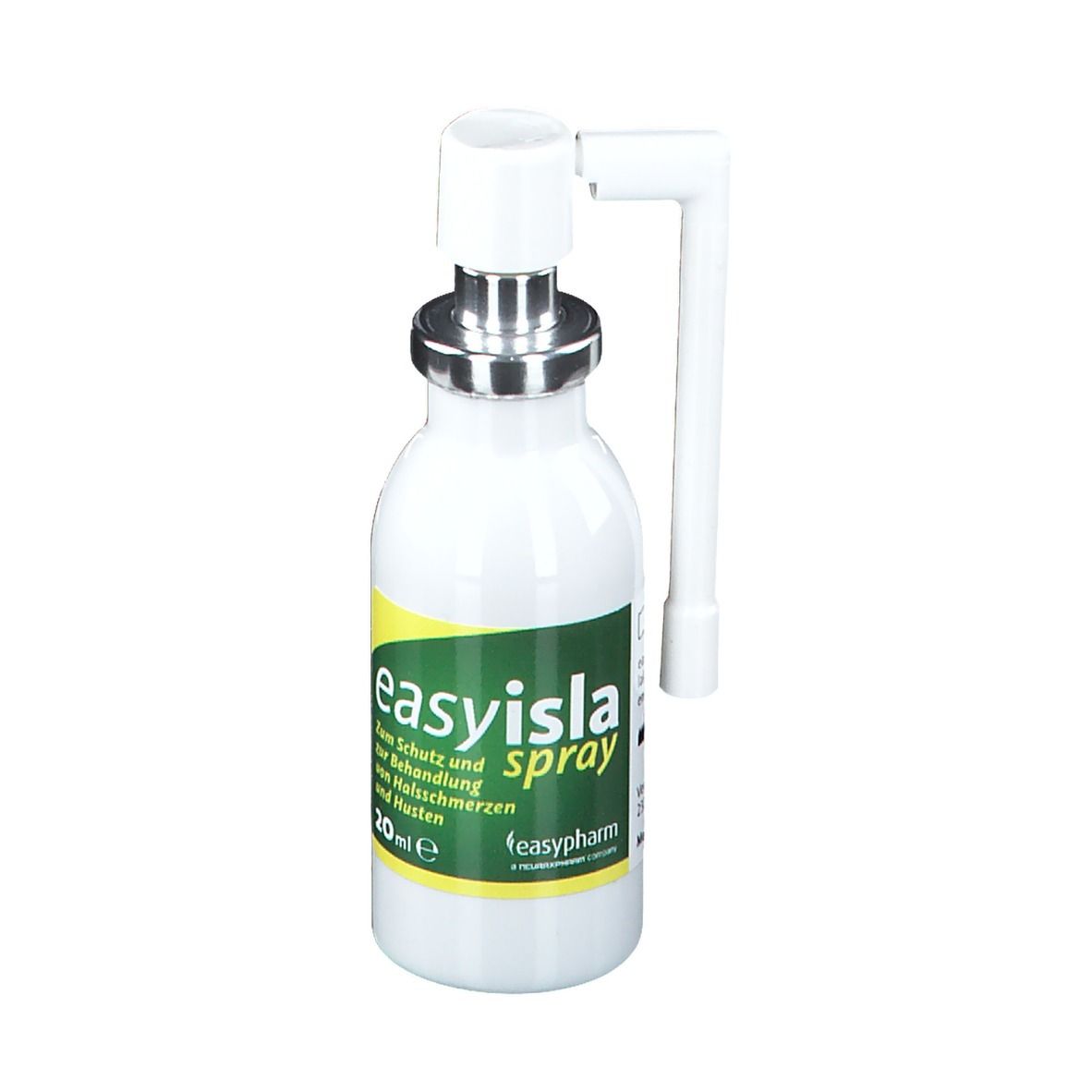 Weißes Fläschchen mit Sprühkopf. Grün-gelbes Etikett mit Text. Produktname: easyisla spray. 20 ml.