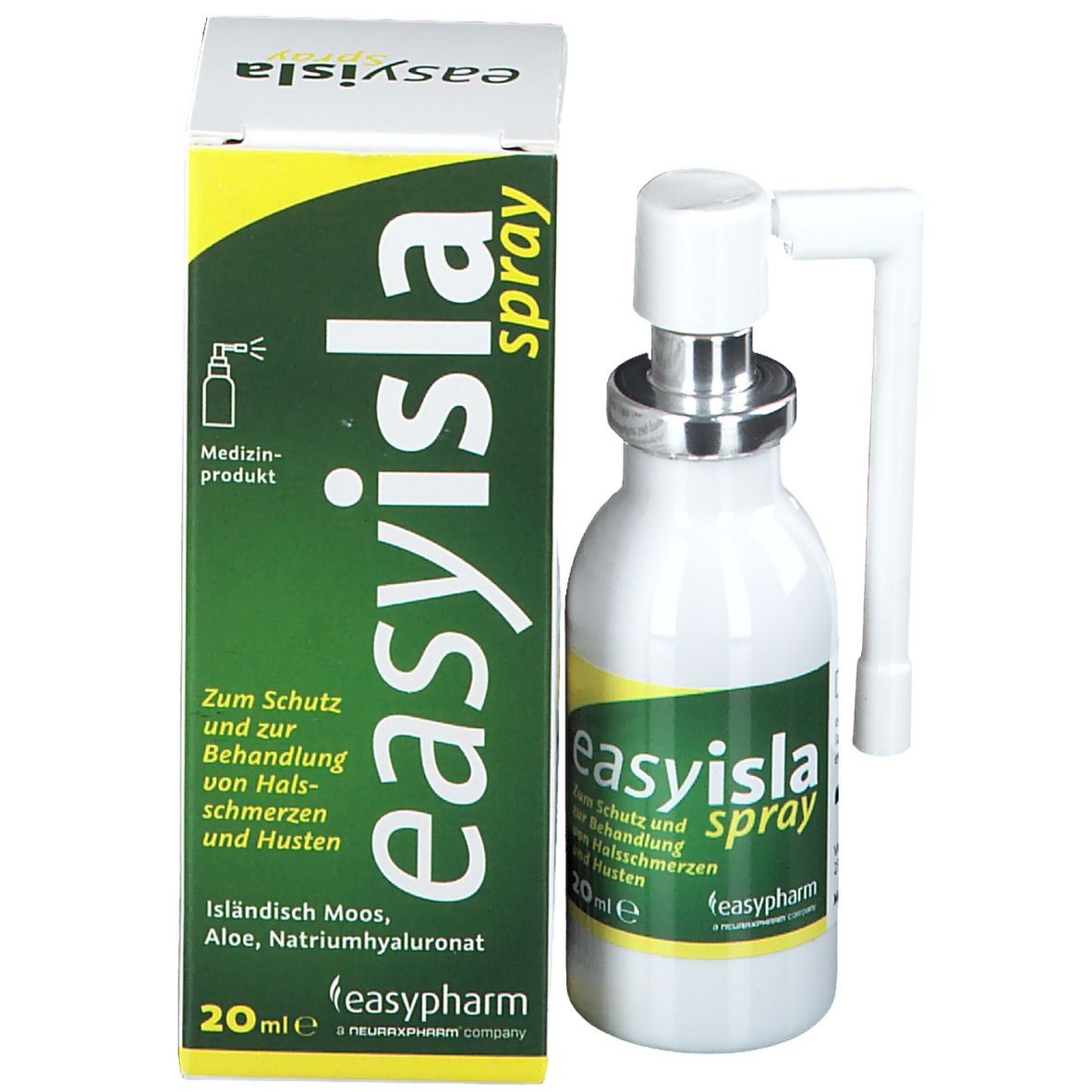 Produktflasche mit Karton. Flasche: weiß, Sprühkopf. Karton: grün-gelb, Produktname: easyisla spray. 20 ml.