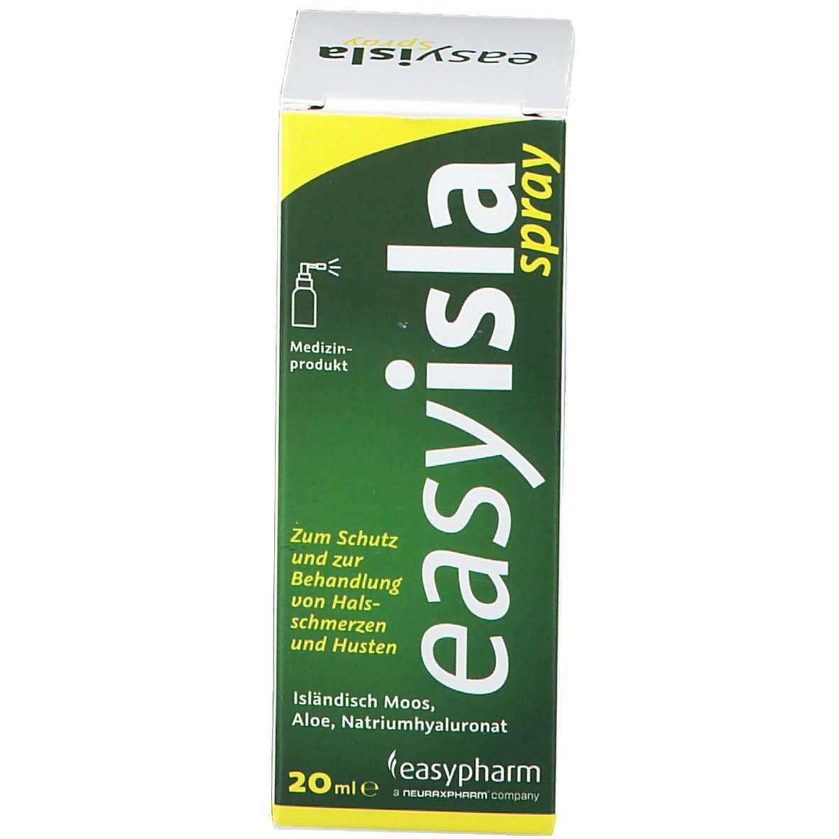 Karton, grün-gelb. Produktname: easyisla spray. Text: Zum Schutz und Behandlung von Halsschmerzen und Husten. 20 ml.