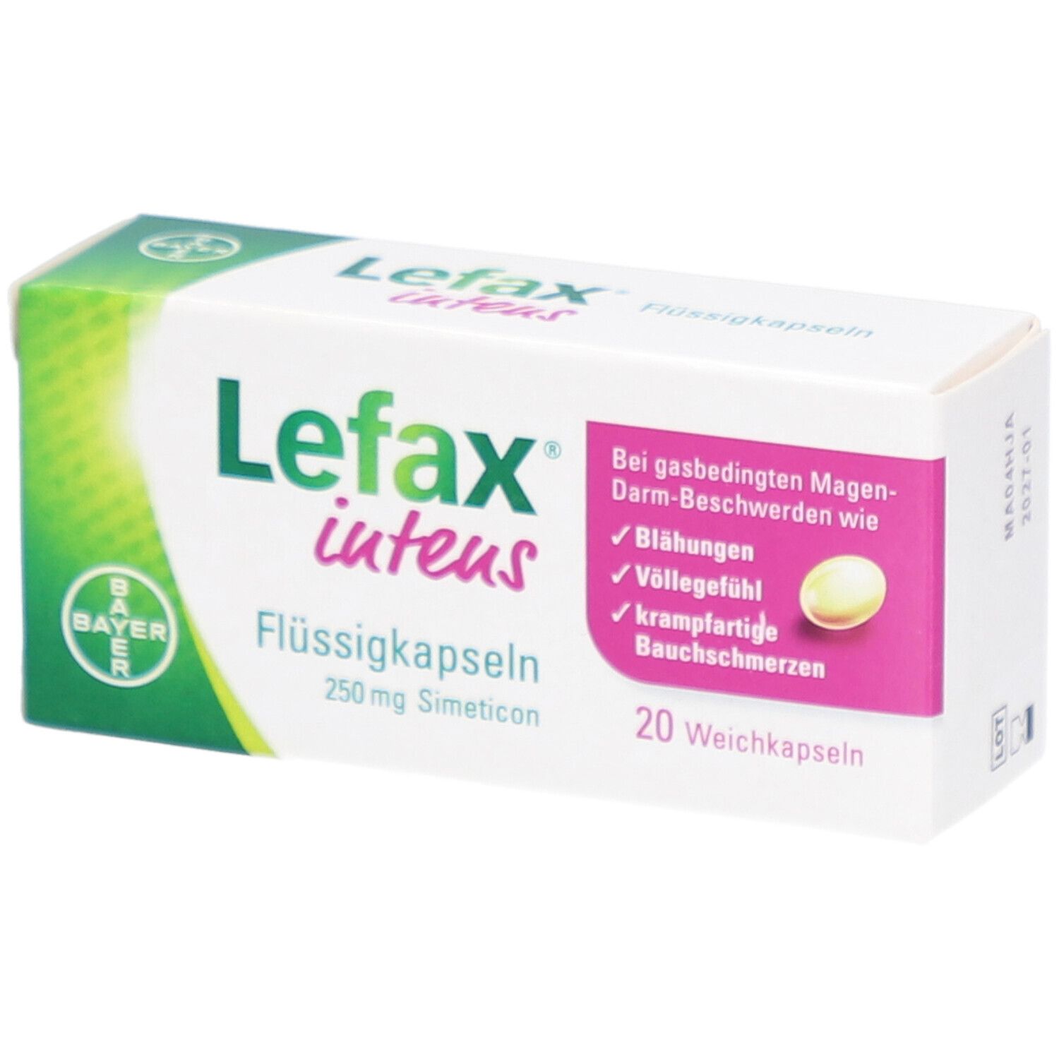 Lefax intens Flüssigkapseln-Packung. Weiß-grüne Schachtel mit Produktnamen und Inhaltsangaben. Bayer-Logo.