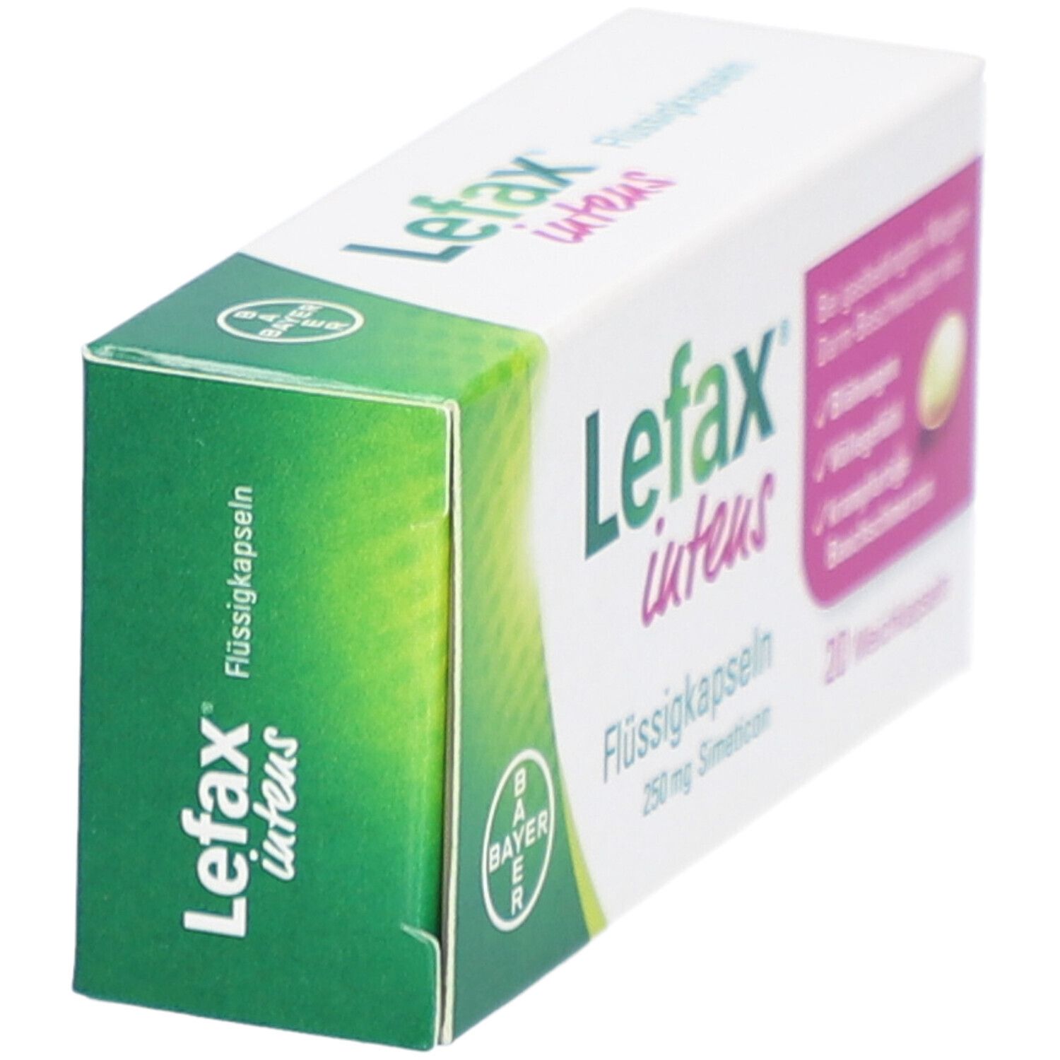 Lefax intens Flüssigkapseln-Packung. Schachtel in Schrägansicht. Weiß-grün mit Produktnamen und Bayer-Logo.