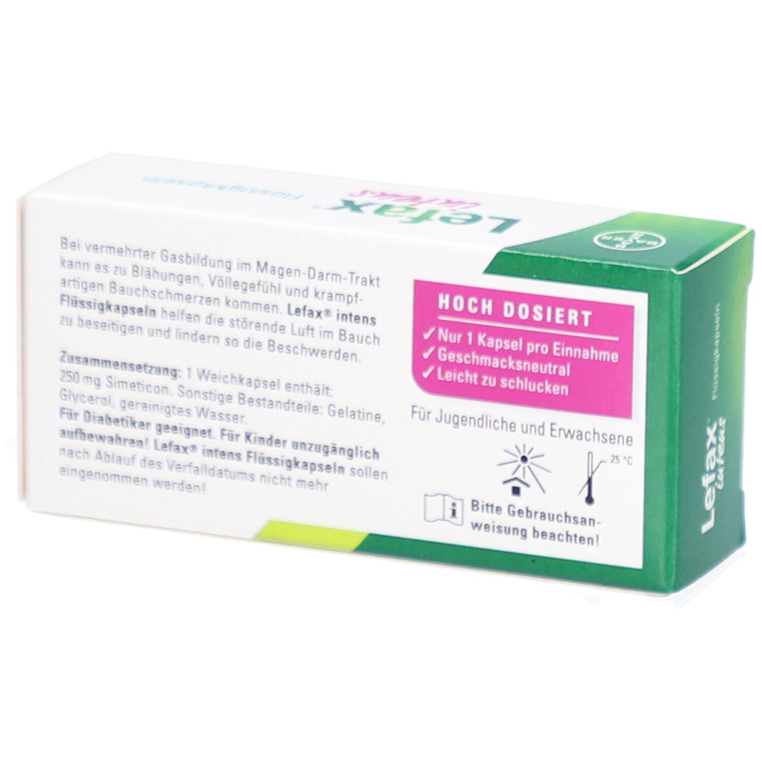 Rückseite der Lefax intens Flüssigkapseln-Packung. Textinformationen auf weißem Grund. Grüner Deckel.