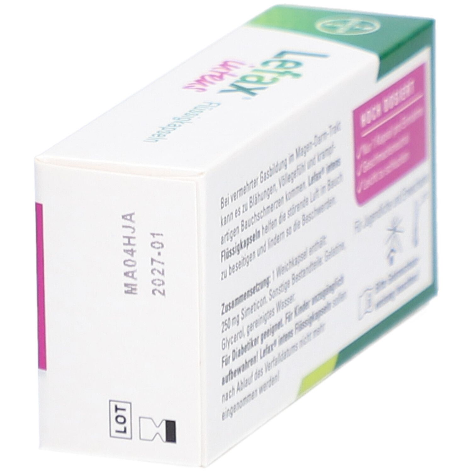 Seite der Lefax intens Flüssigkapseln-Packung. Text und Chargennummer auf weißem Grund. Grüner Deckel.
