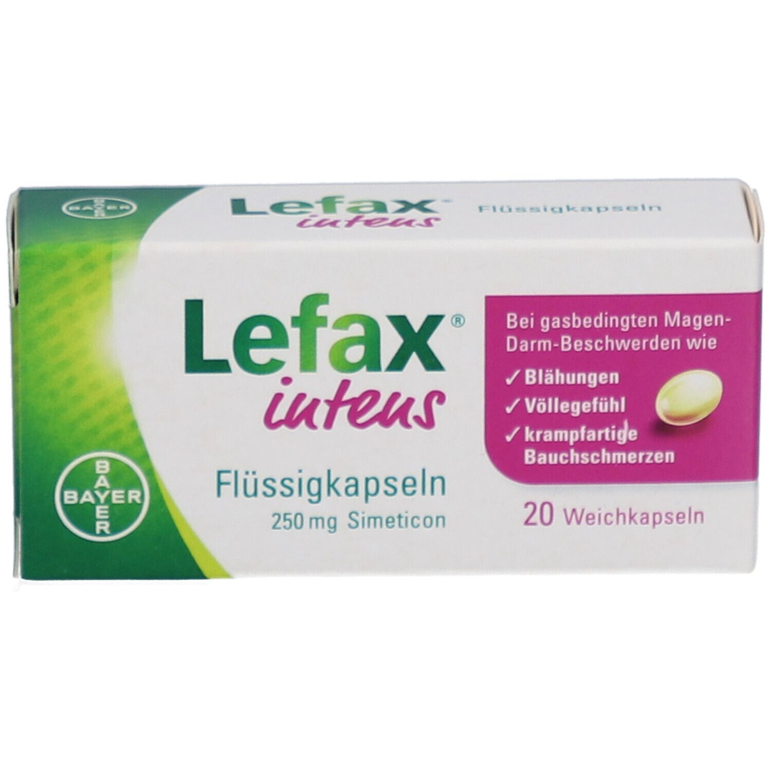 Lefax intens Flüssigkapseln-Packung. Weiß-grüne Schachtel mit Produktnamen und Inhaltsangaben. Bayer-Logo.