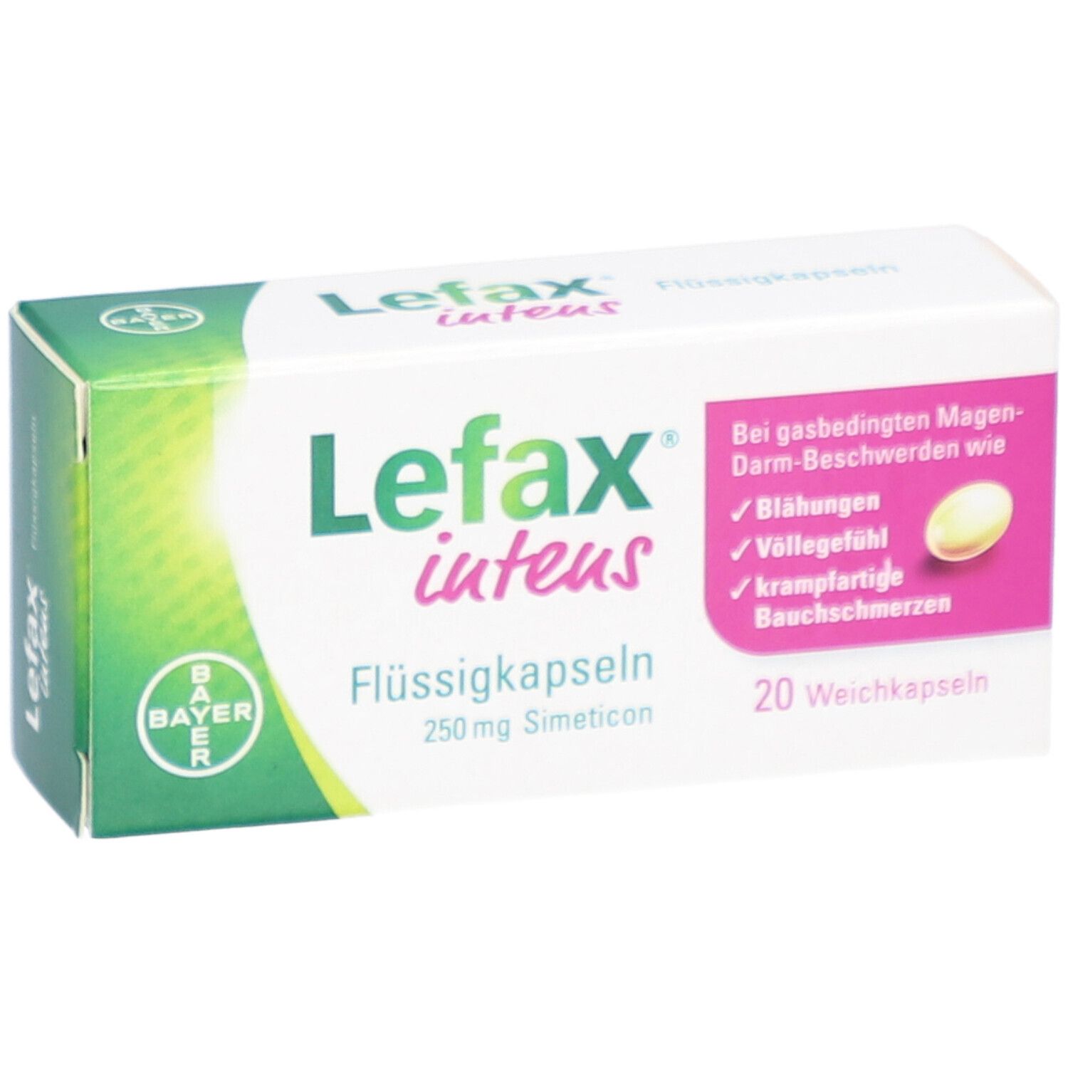 Lefax intens Flüssigkapseln-Packung. Weiß-grüne Schachtel mit Produktnamen und Inhaltsangaben. Bayer-Logo.