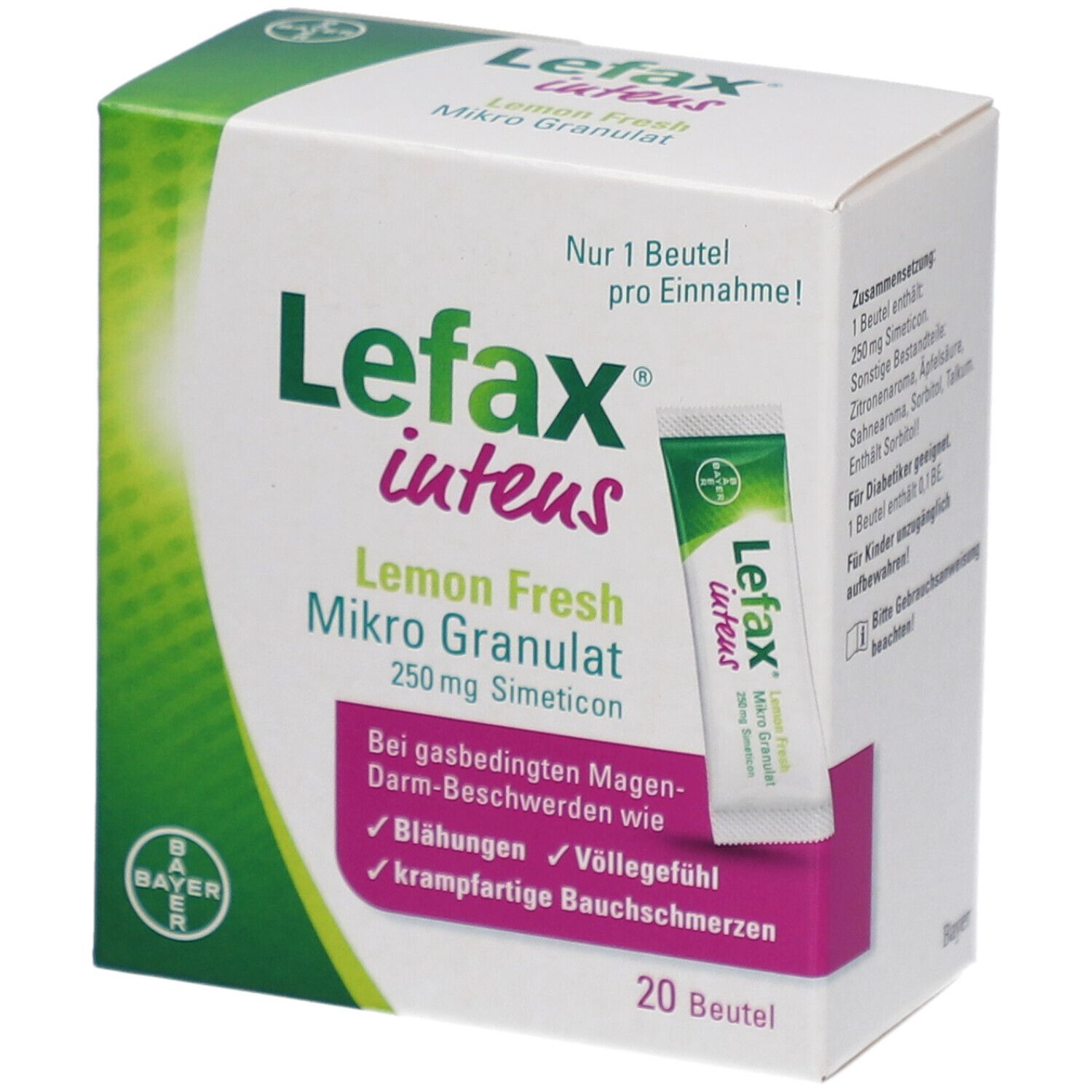 Karton mit Lefax® intens Mikro Granulat. Einzelbeutel sichtbar. Text: Lemon Fresh, 250 mg Simeticon.
