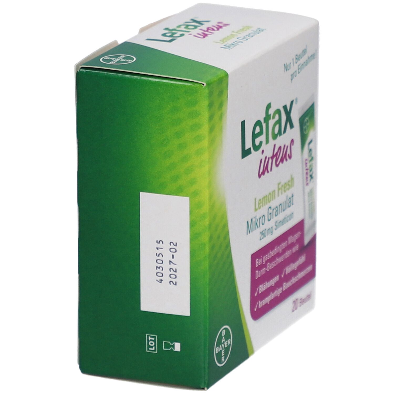 Karton Lefax® intens Mikro Granulat, Seitenansicht. Text: Lemon Fresh, 250 mg Simeticon. Datumsangabe.