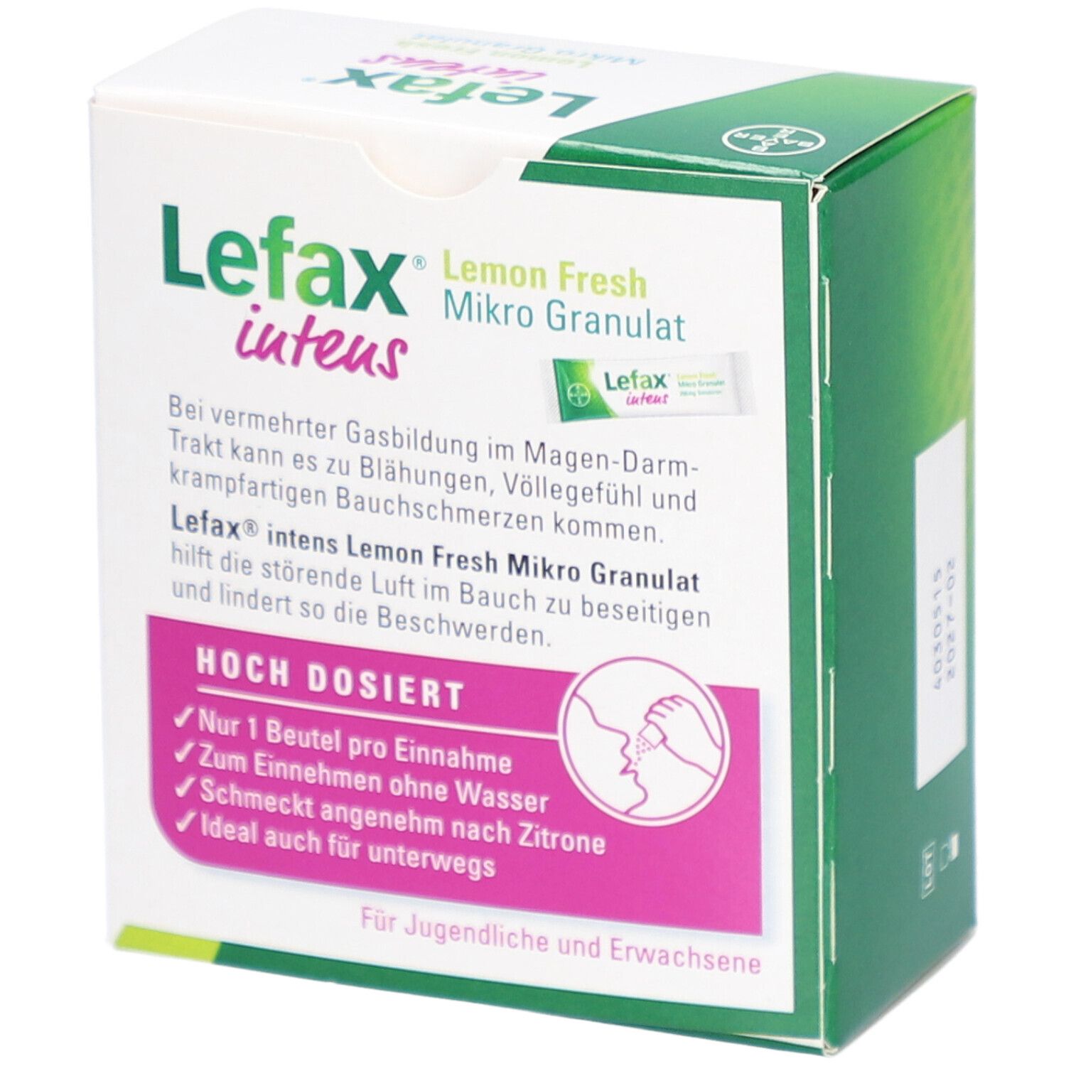 Karton Lefax® intens Mikro Granulat. Text: Lemon Fresh, 250 mg Simeticon. Aufschrift: Hoch dosiert.