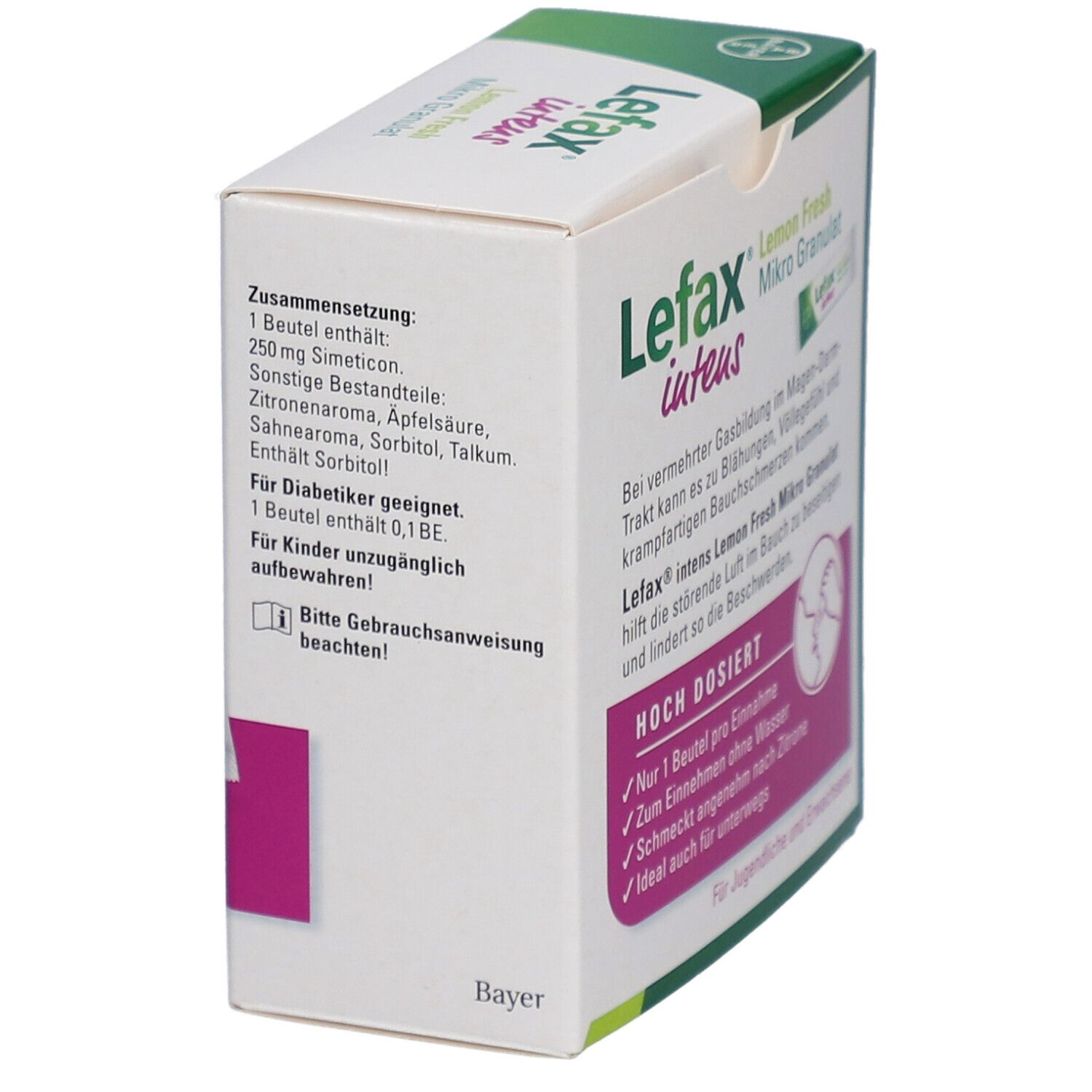 Karton Lefax® intens Mikro Granulat, Rückseite. Text: Lemon Fresh, 250 mg Simeticon. Inhaltsangaben.