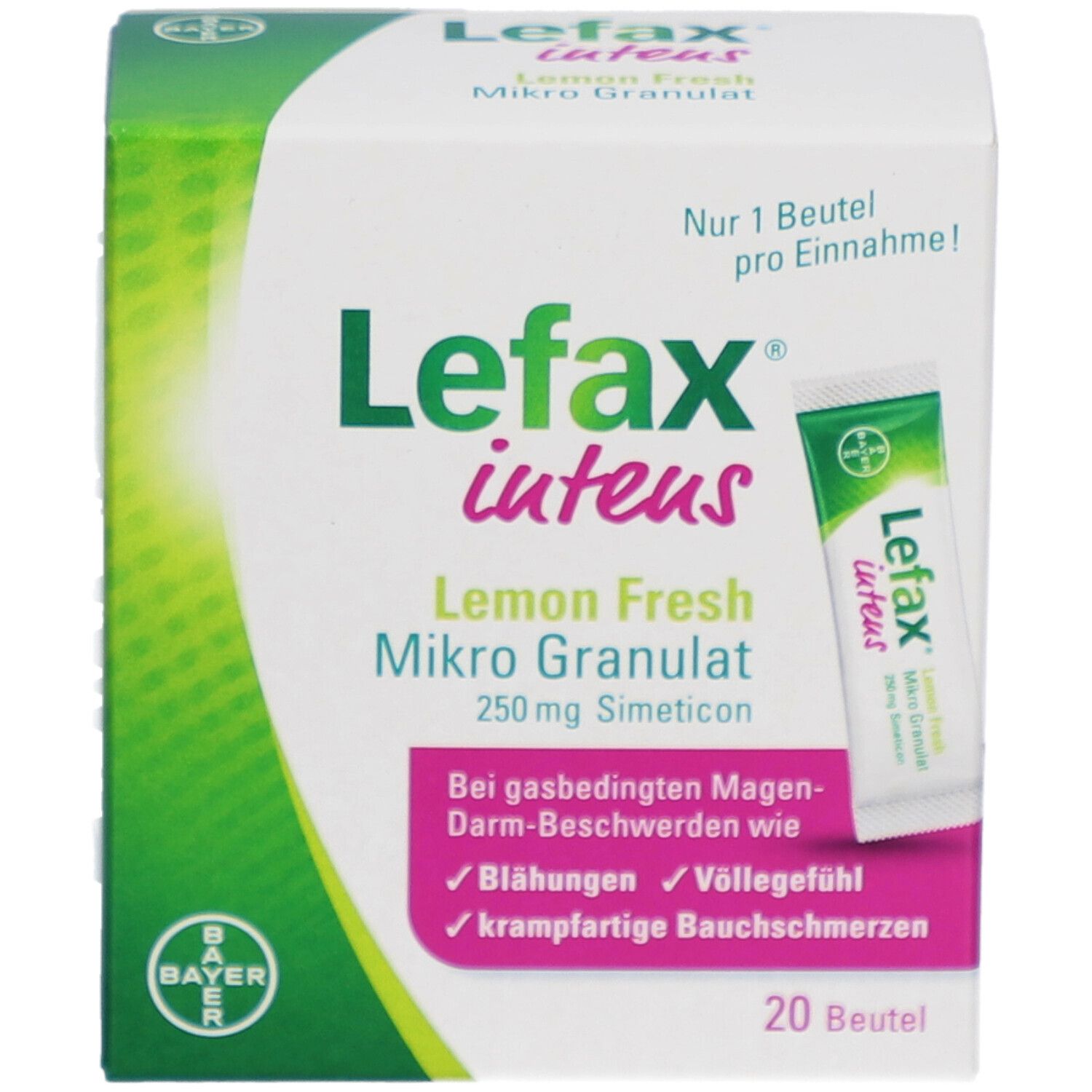 Karton Lefax® intens Mikro Granulat mit Einzelbeutel. Text: Lemon Fresh, 250 mg Simeticon. 20 Beutel.