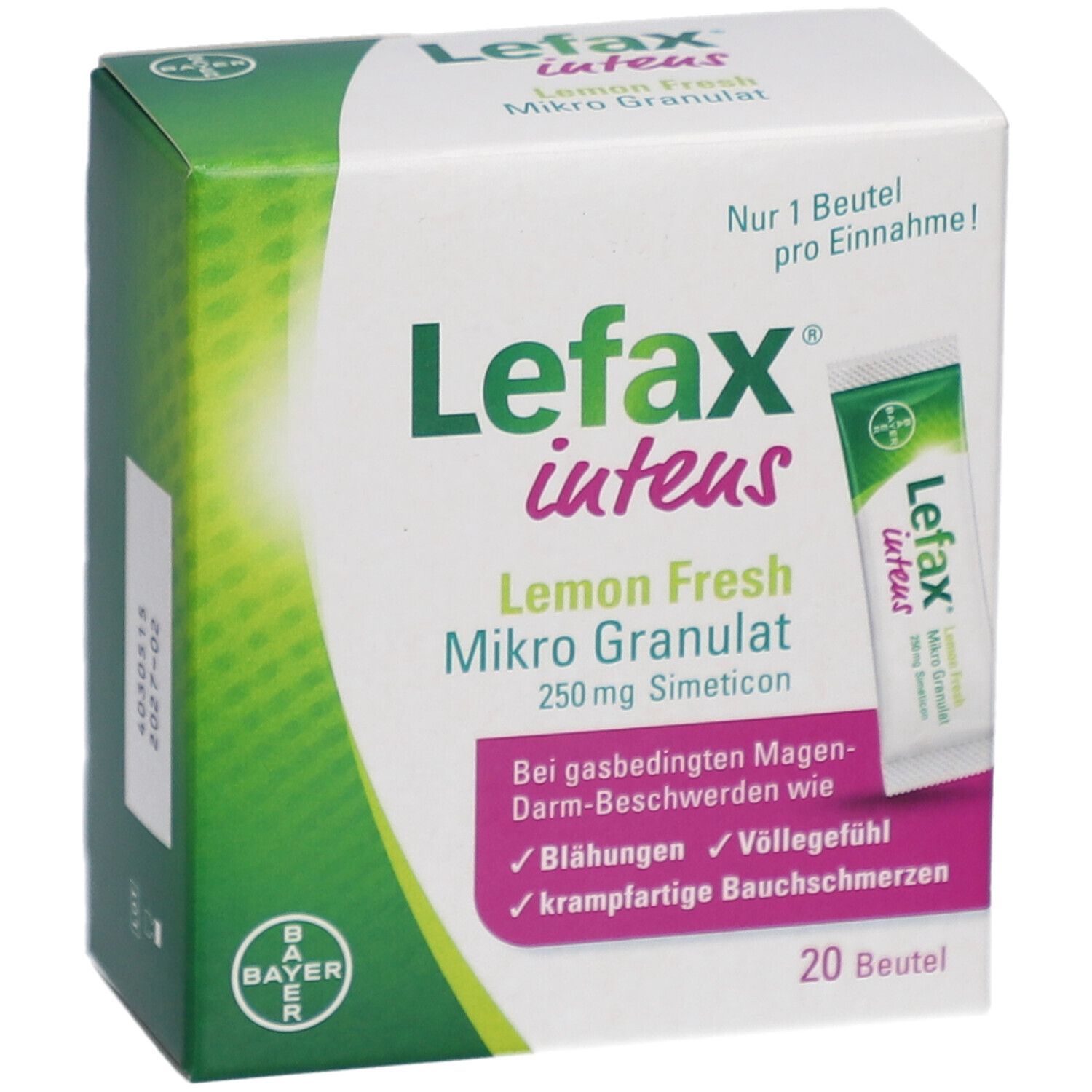 Karton Lefax® intens Mikro Granulat mit Einzelbeutel. Text: Lemon Fresh, 250 mg Simeticon. 20 Beutel.