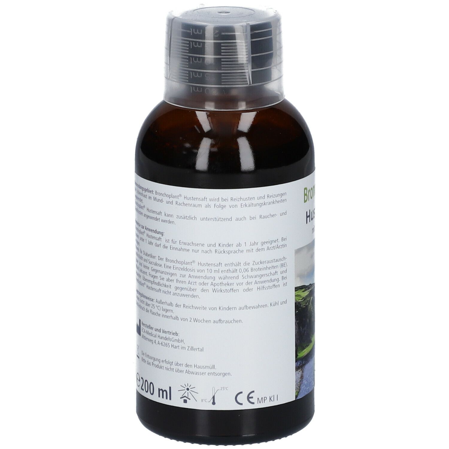 Rückansicht der Bronchoplant Hustensaft Flasche. Etikett mit Produktinformationen und Landschaftsbild.