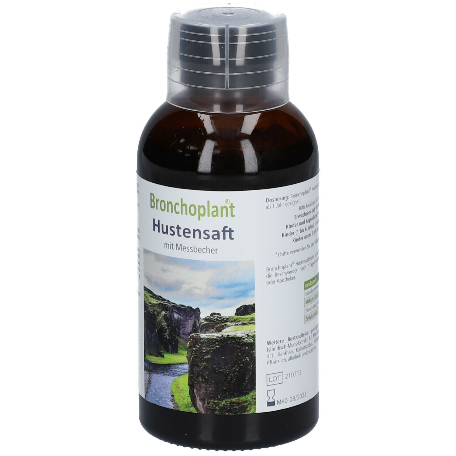 Braune Flasche Bronchoplant Hustensaft mit Messbecher. Landschaftsbild auf dem Etikett.