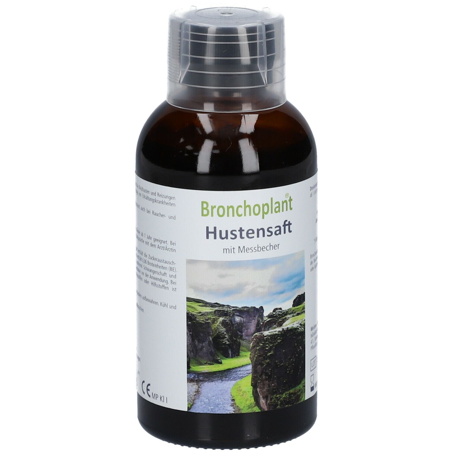 Braune Flasche Bronchoplant Hustensaft mit Messbecher. Landschaftsbild auf dem Etikett.