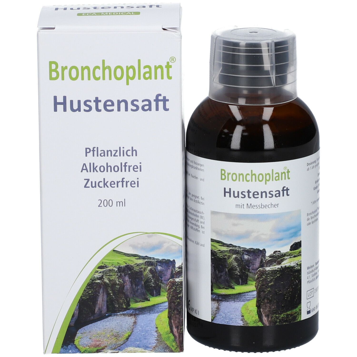 Bronchoplant Hustensaft Flasche und Schachtel. Aufschrift: Pflanzlich, alkoholfrei, zuckerfrei. 200 ml.