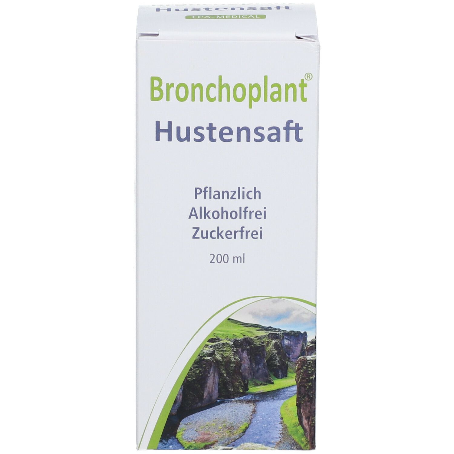 Schachtel von Bronchoplant Hustensaft. Aufschrift: Pflanzlich, alkoholfrei, zuckerfrei. 200 ml.