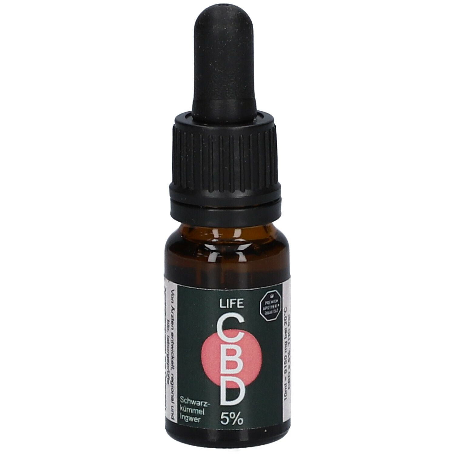 Braune Glasflasche mit schwarzem Deckel und Pipette. Aufschrift LIFE CBD 5% und Logo. Schwarzkümmel und Ingwer.