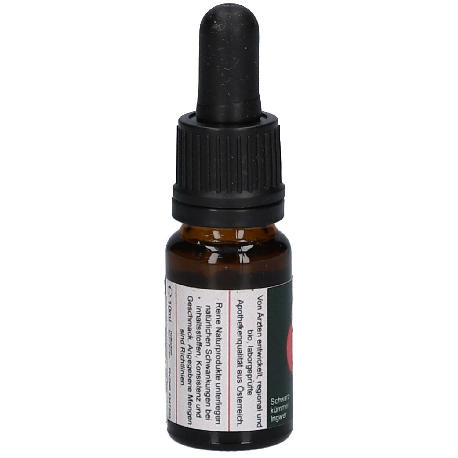 Braune Glasflasche mit schwarzem Deckel und Pipette. Aufschrift LIFE CBD 5% und Logo. Schwarzkümmel und Ingwer. Text auf Etikett.