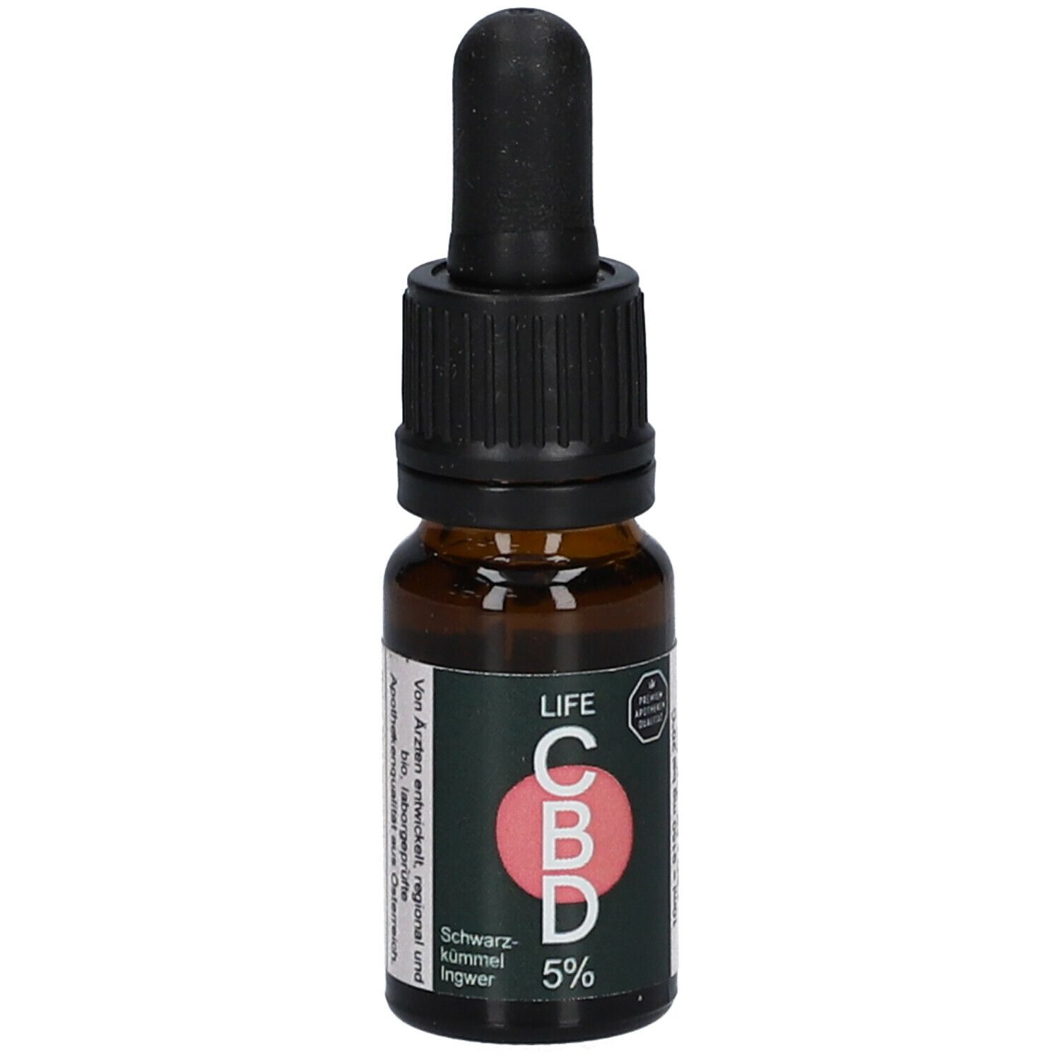 Braune Glasflasche mit schwarzem Deckel und Pipette. Aufschrift LIFE CBD 5% und Logo. Schwarzkümmel und Ingwer.