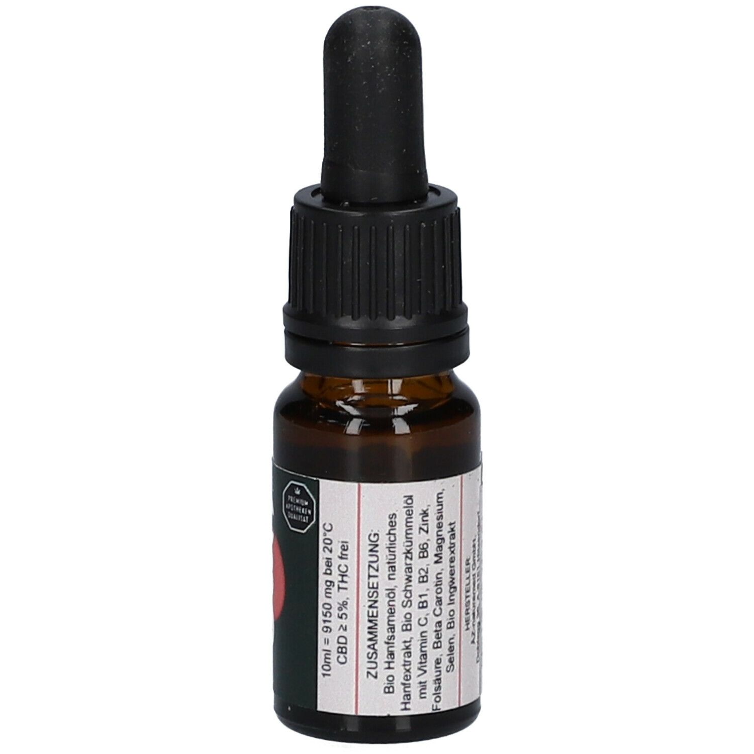 Braune Glasflasche mit schwarzem Deckel und Pipette. Aufschrift LIFE CBD 5% und Logo. Schwarzkümmel und Ingwer. Text auf Etikett.