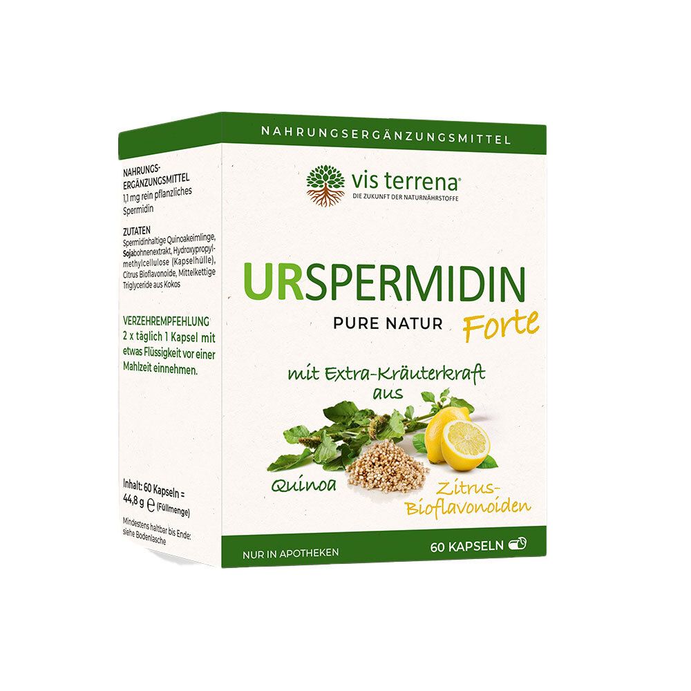 Weiß-grüne Schachtel mit Produktnamen und Illustrationen von Kräutern, Quinoa und Zitronen. 60 Kapseln.