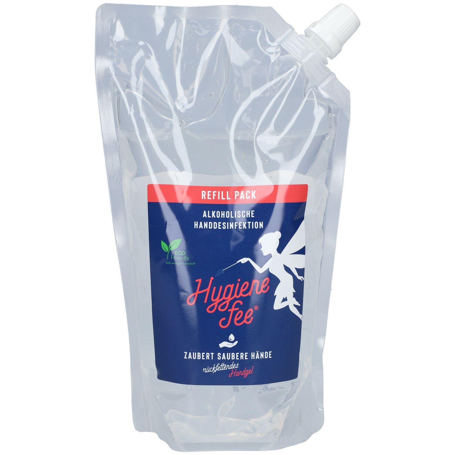 Nachfüllpackung Hygienefee Gel. Transparente Beutel mit weißem Ausgießer. Etikett mit Produktname und Fee-Illustration.