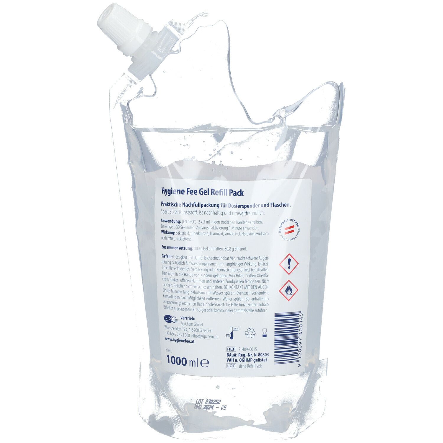 Hygienefee Gel Nachfüllpack. Transparenter Beutel mit Ausgießer. Text und Warnhinweise auf Etikett. Volumen: 1000 ml.