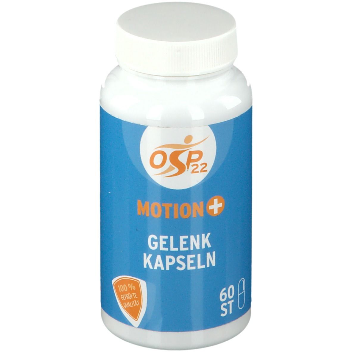 Weiße Flasche mit blauem Etikett. OSP®22 MOTION+ GELENK KAPSELN. 60 ST. 100% geprüfte Qualität.