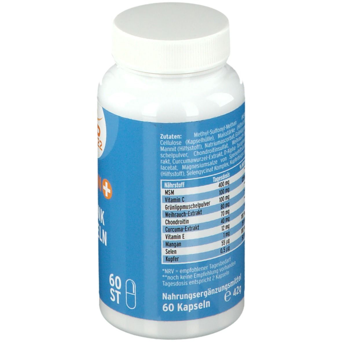 Rückseite der weißen Flasche. Zutaten- und Nährwertangaben. 60 Kapseln. E 42g.