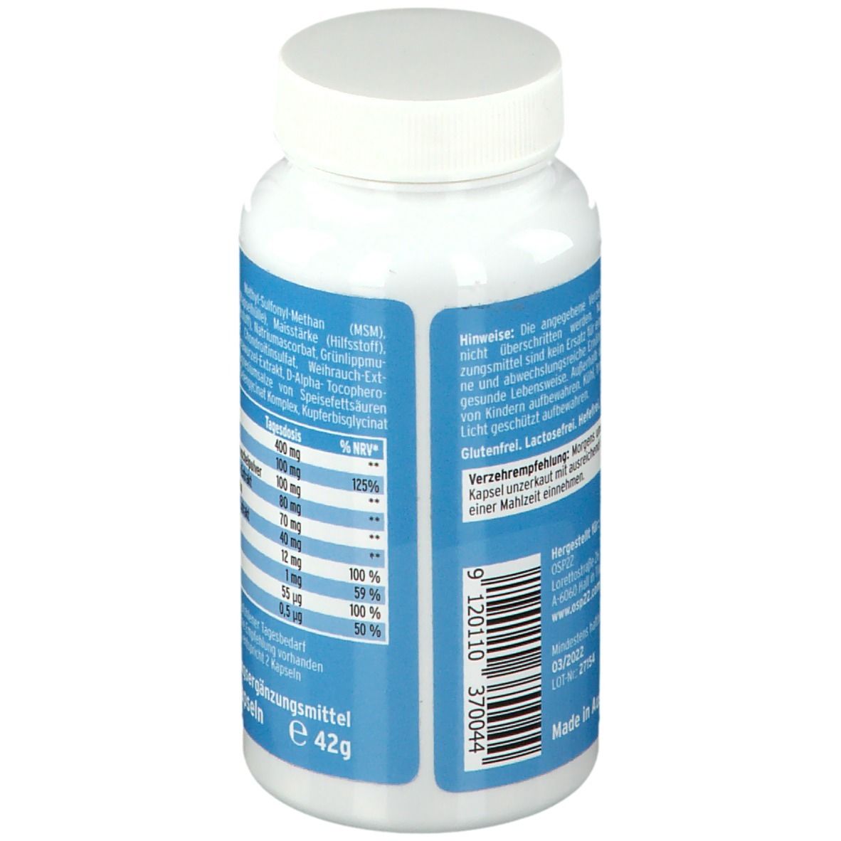 Rückseite der weißen Flasche. Hinweise, Nährwertangaben, Glutenfrei, Laktosefrei. E 42g.