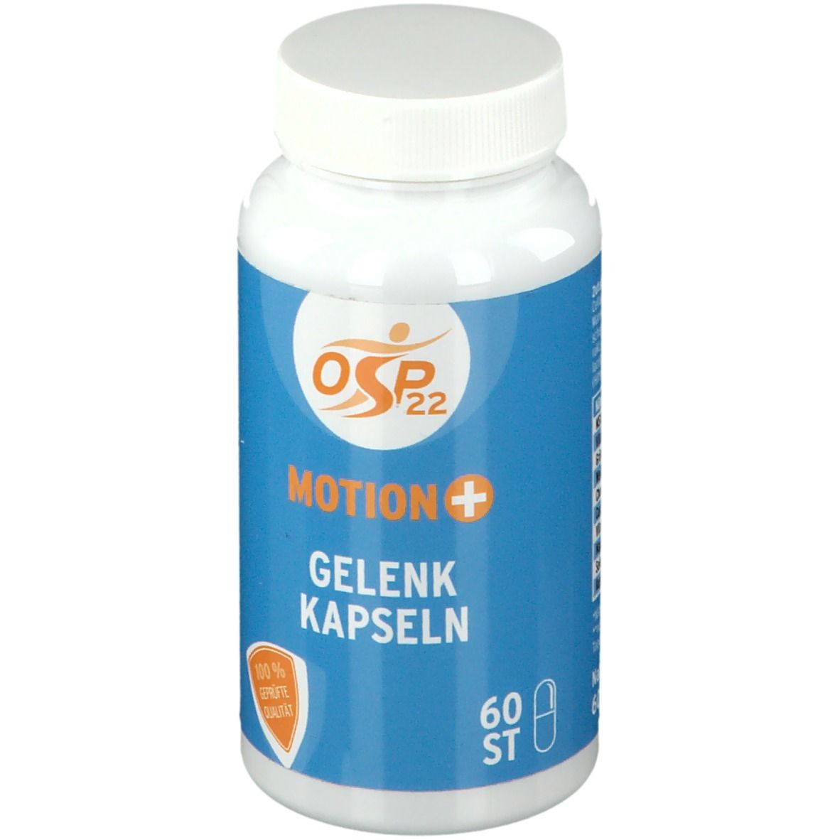 Weiße Flasche mit blauem Etikett. OSP®22 MOTION+ GELENK KAPSELN. 60 ST. 100% geprüfte Qualität.