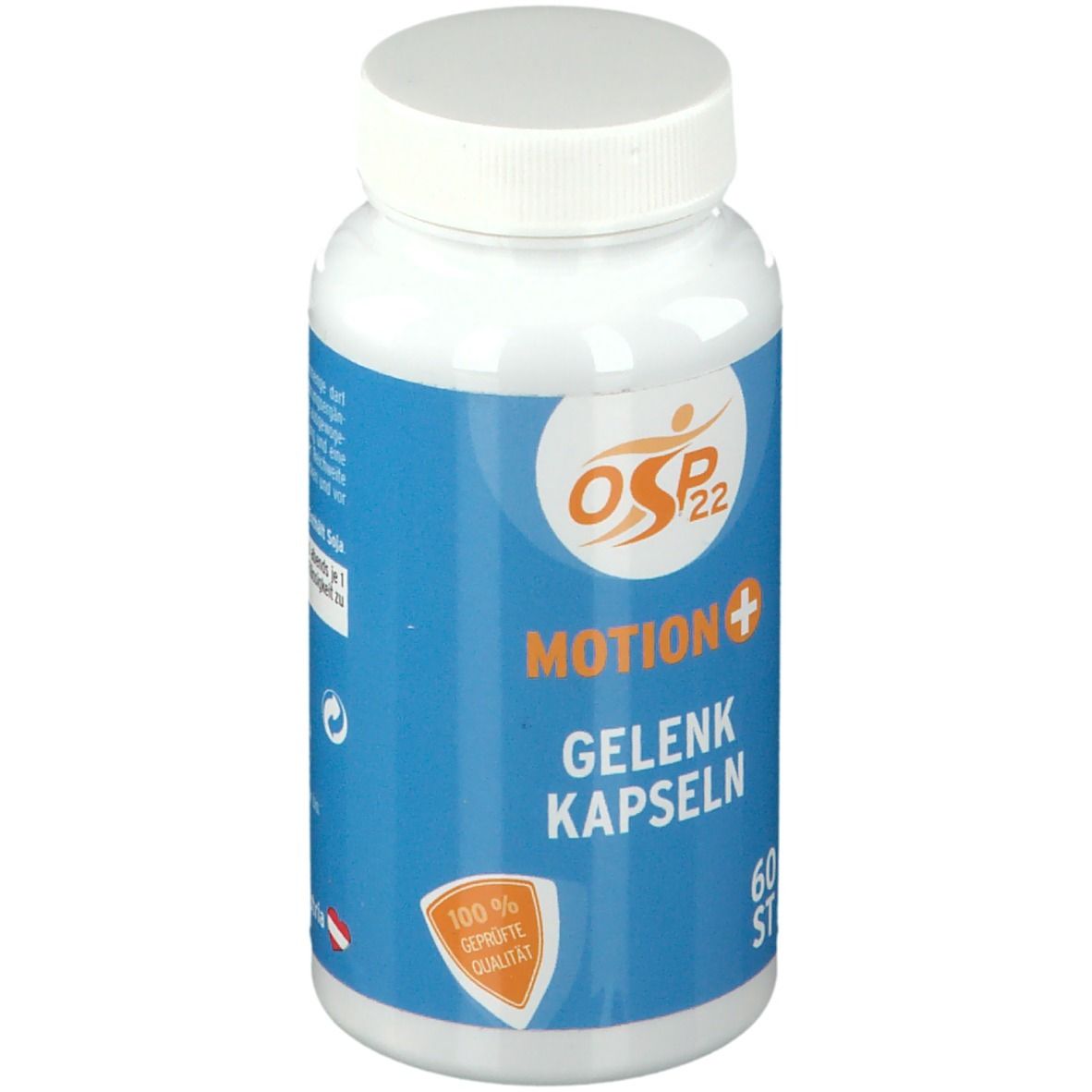 Weiße Flasche mit blauem Etikett. OSP®22 MOTION+ GELENK KAPSELN. 60 ST. 100% geprüfte Qualität.