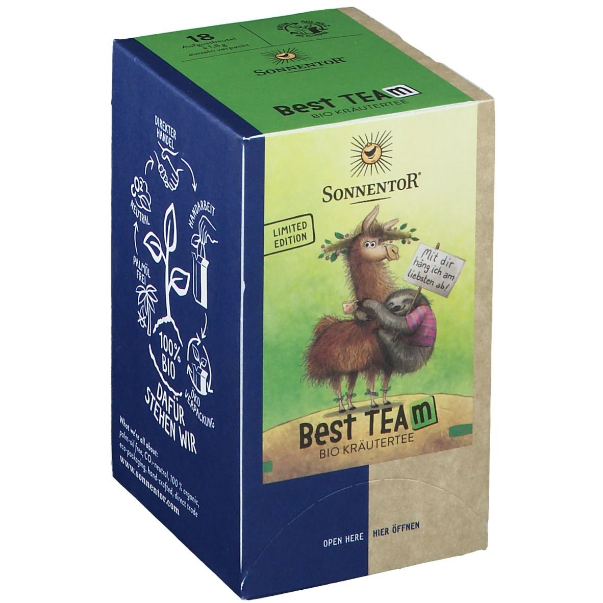 Karton SonnentoR® Bio-Kräutertee Best TEAm. Grün-braune Verpackung mit Lama und Faultier-Illustration. 18 Teebeutel.