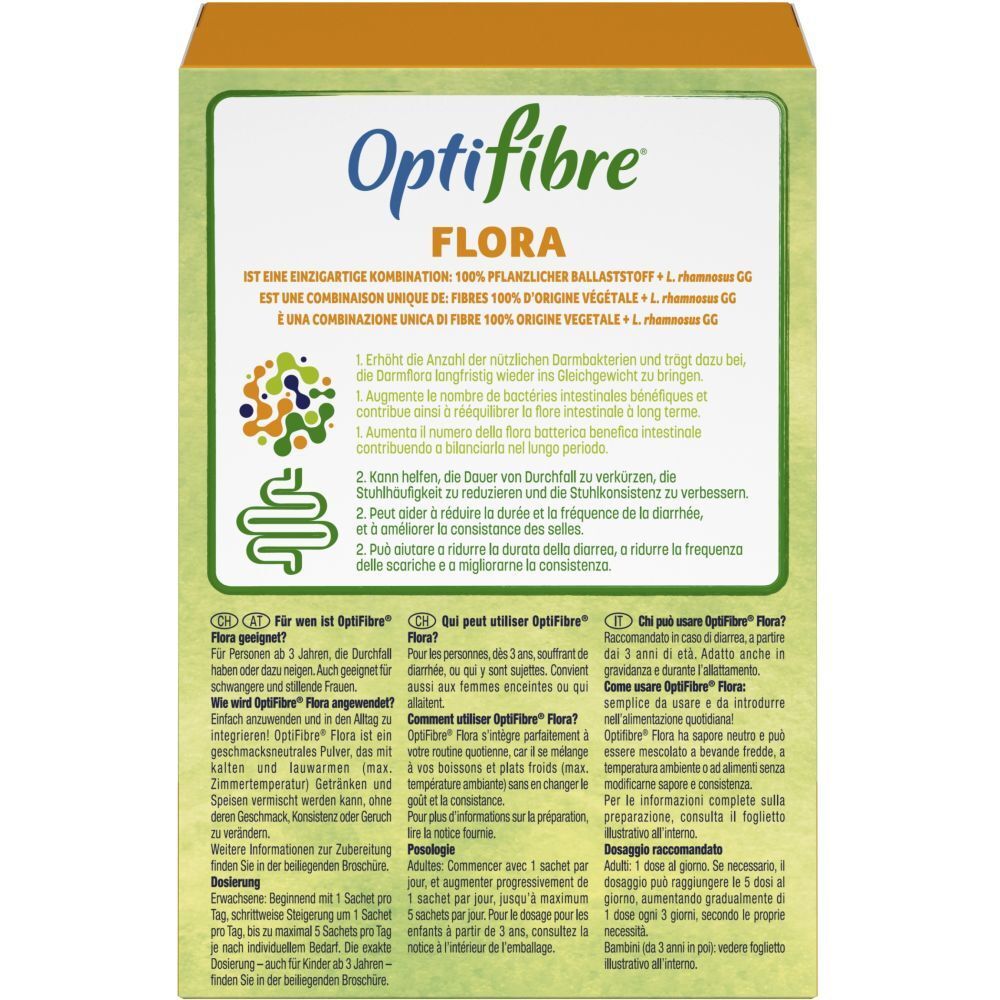 Rückseite der OptiFibre FLORA Verpackung mit Text. Enthält Informationen zur Anwendung und Inhaltsstoffen.