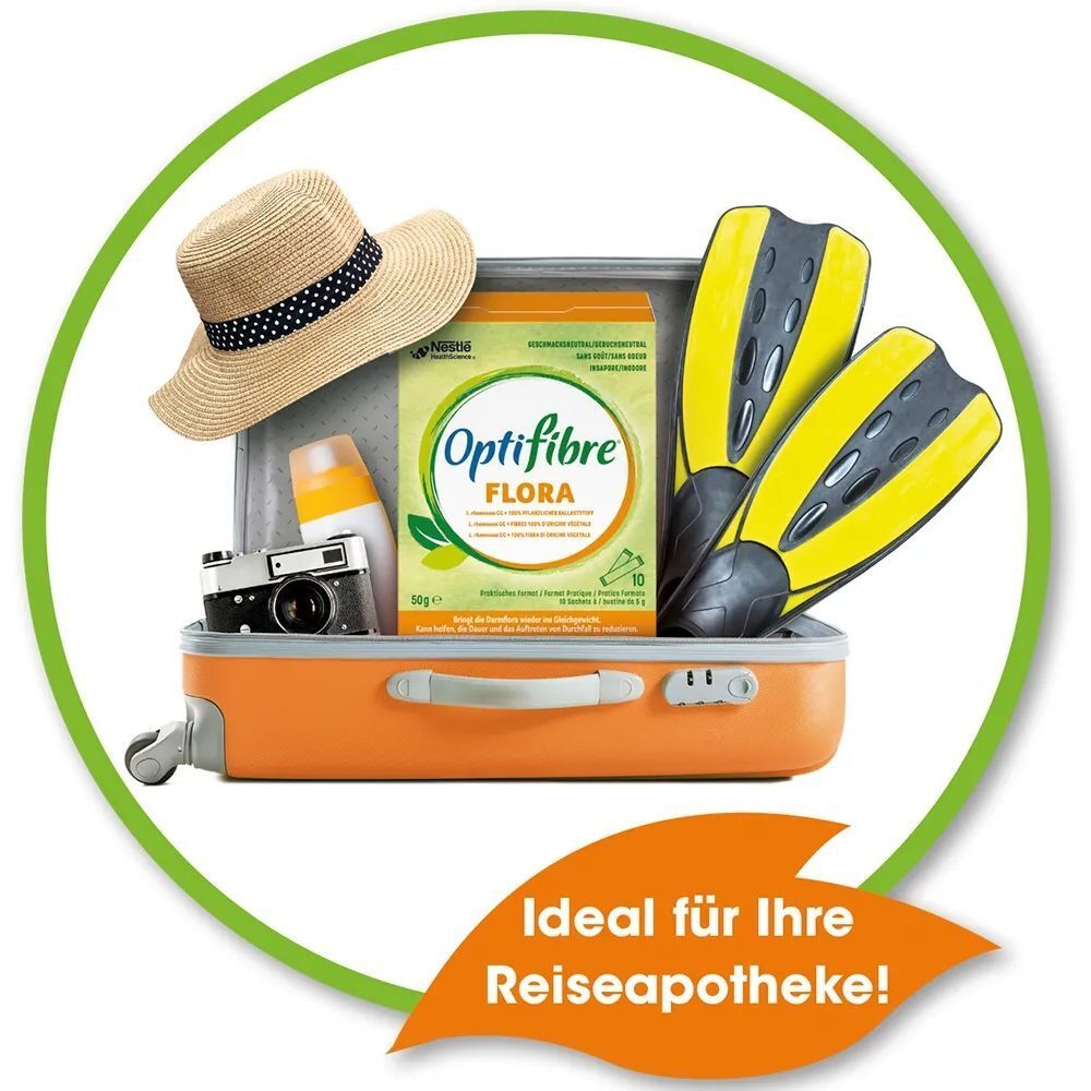 Koffer mit OptiFibre FLORA, Sonnenhut, Sonnencreme, Kamera und Flossen. Text: Ideal für Ihre Reiseapotheke!
