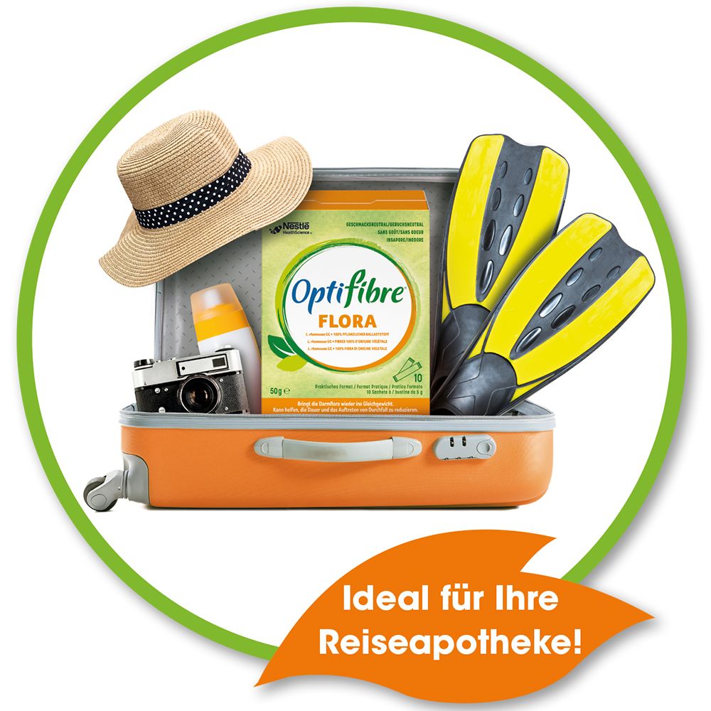 Koffer mit OptiFibre FLORA, Sonnenhut, Sonnencreme, Kamera und Flossen. Text: Ideal für Ihre Reiseapotheke!