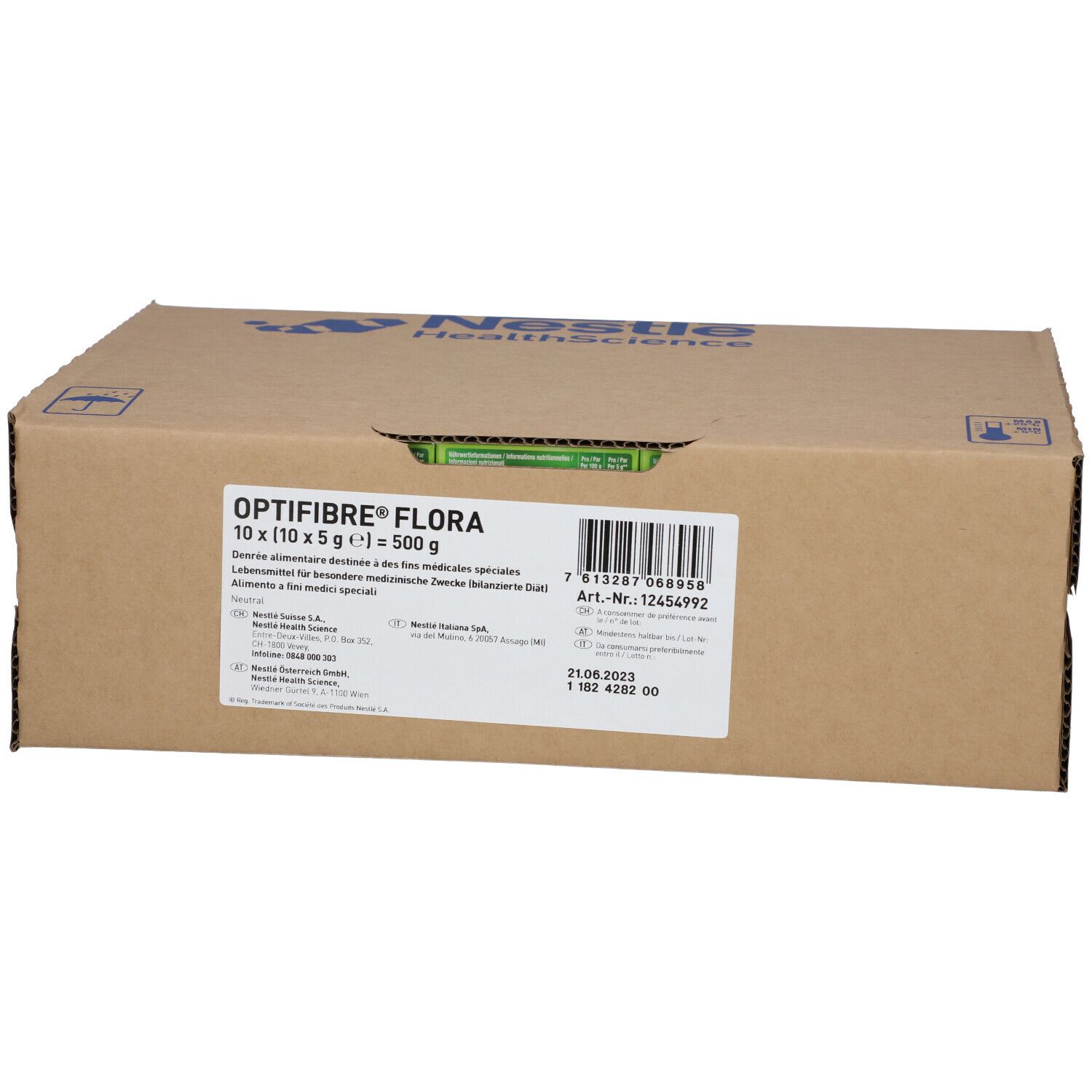 Karton mit Produktbezeichnung OPTIFIBRE® FLORA. Enthält 10 x (10 x 5 g) = 500 g. Mit Barcode und Artikelnummer.